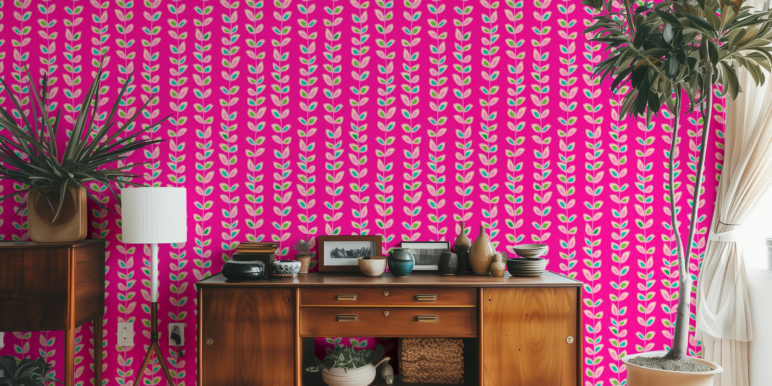 Ταπετσαρία Climbing Vines Stripe Retro Leaves Fuchsia στο δωμάτιο
