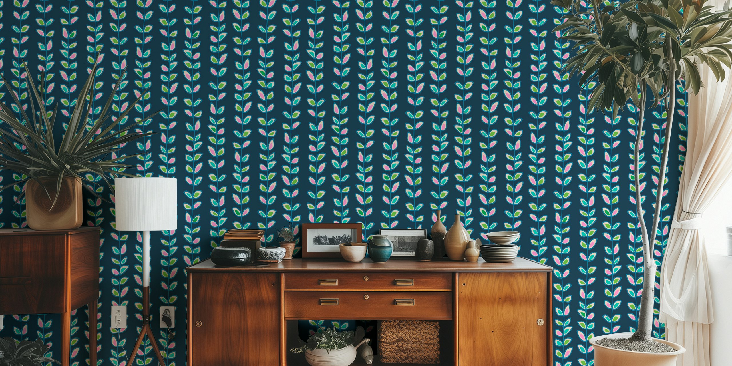 Climbing Vines Stripe Retro Leaves wallpaper in room