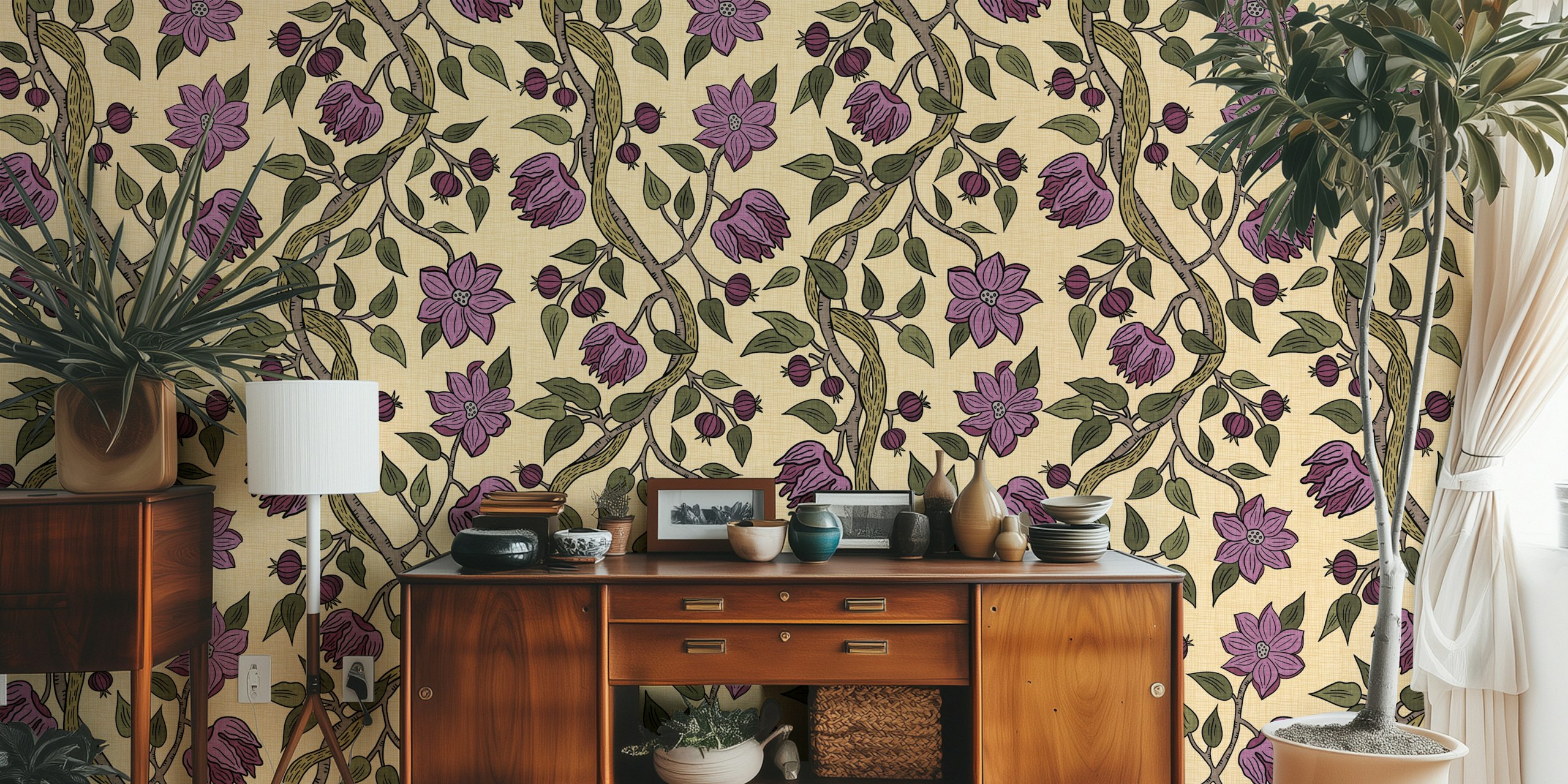 Violet flowers and vines on khaki background wallpaper