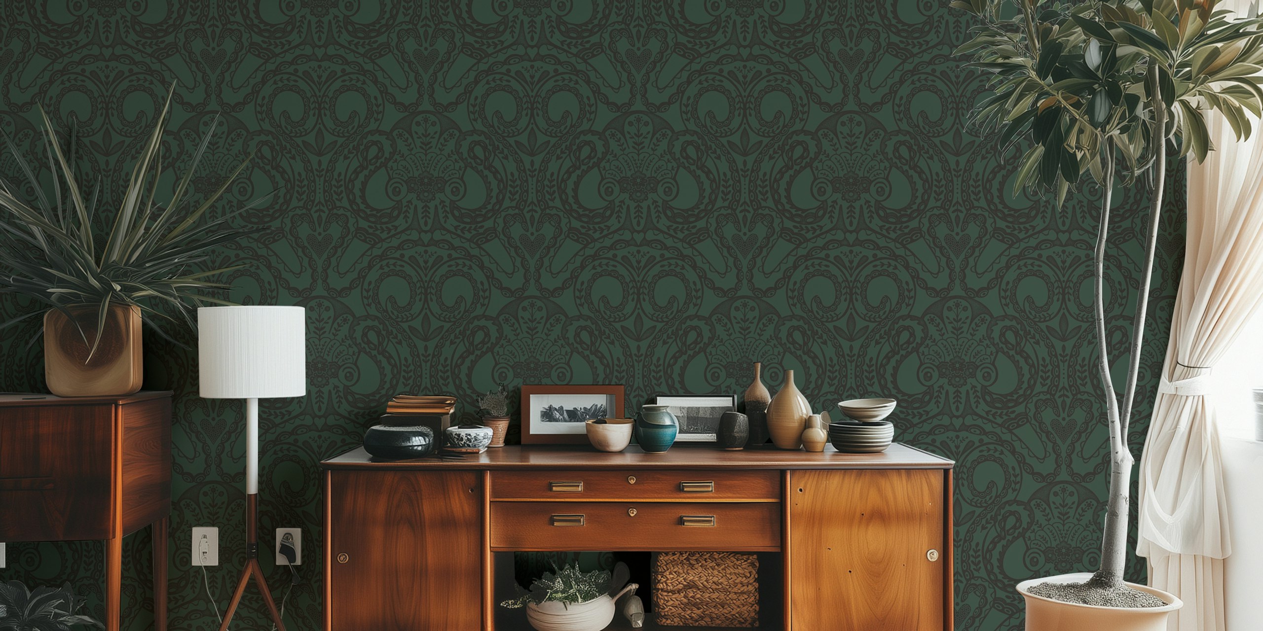 Folk octopus damask forest green ταπετσαρία σε ένα δωμάτιο