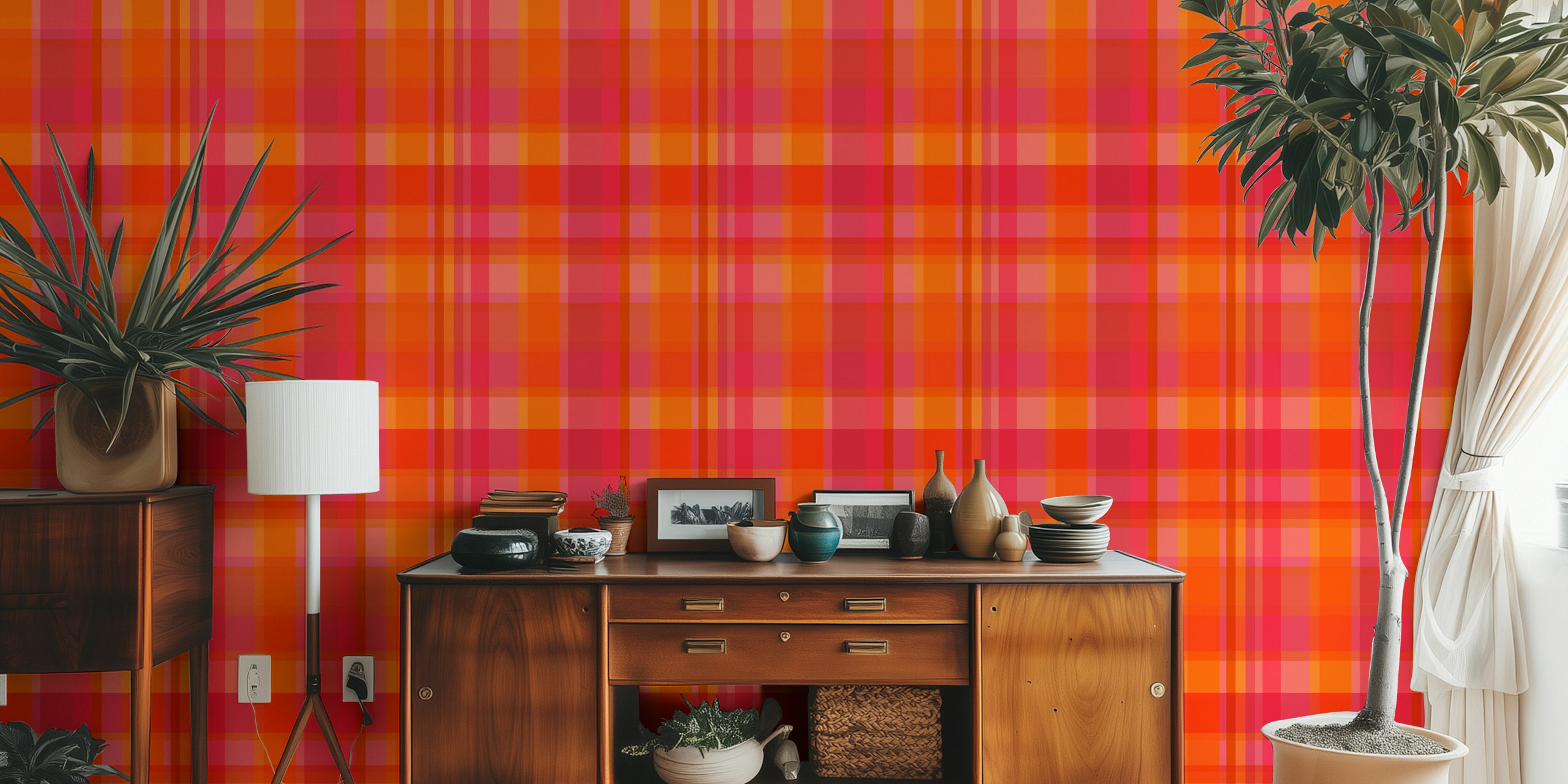 Papier peint Red and orange Plaid dans une pièce