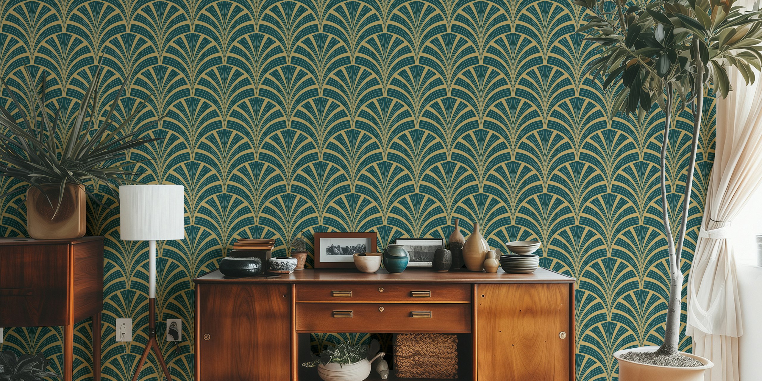 Art Deco palm frond pattern in deep teal and gold wallpaper