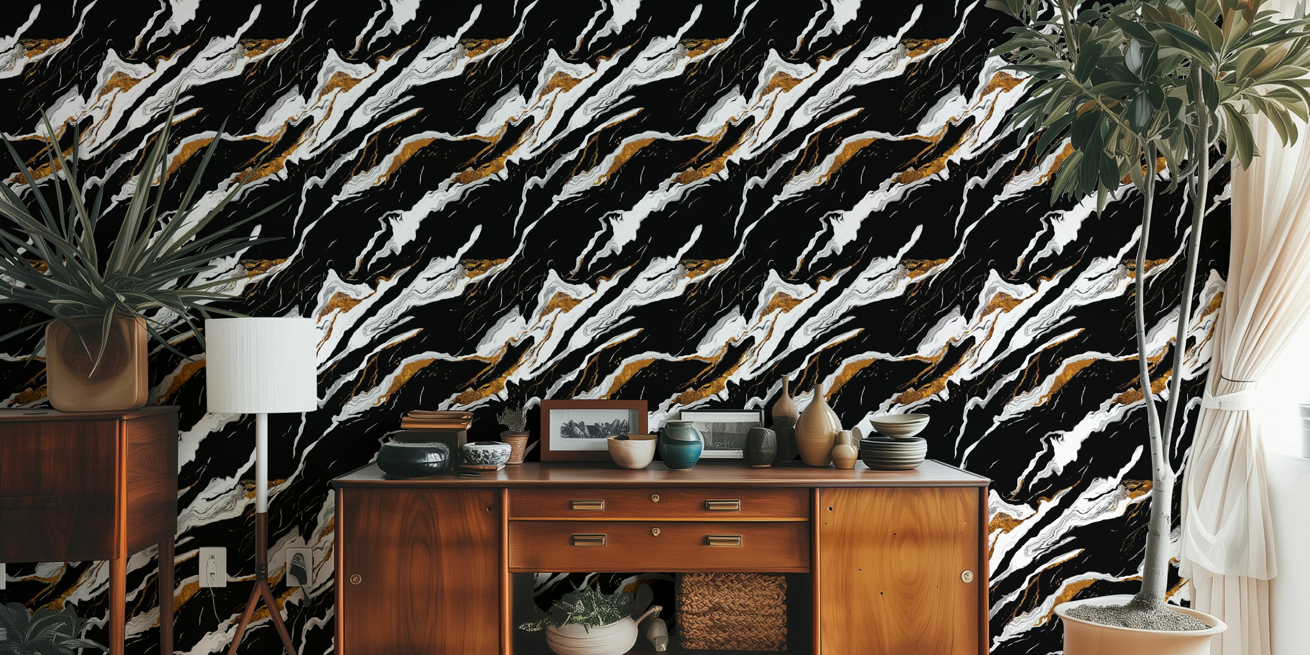 Black marble wallpaper with white and golden veins
