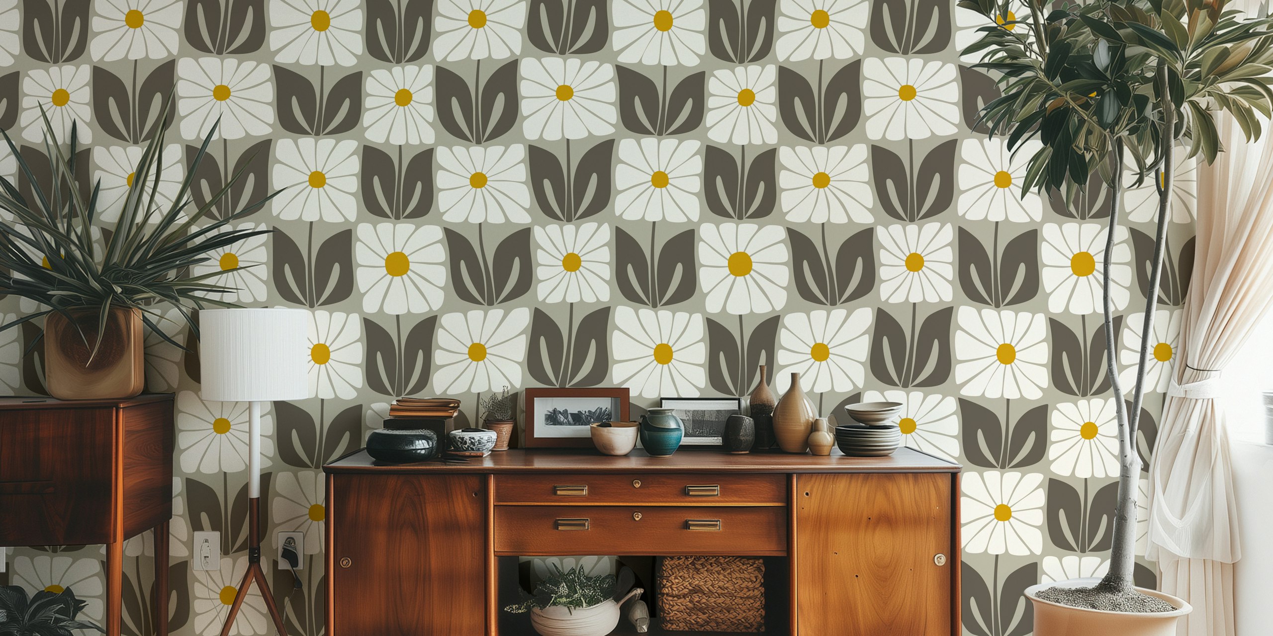 Groovy flower tiles wallpaper in a room