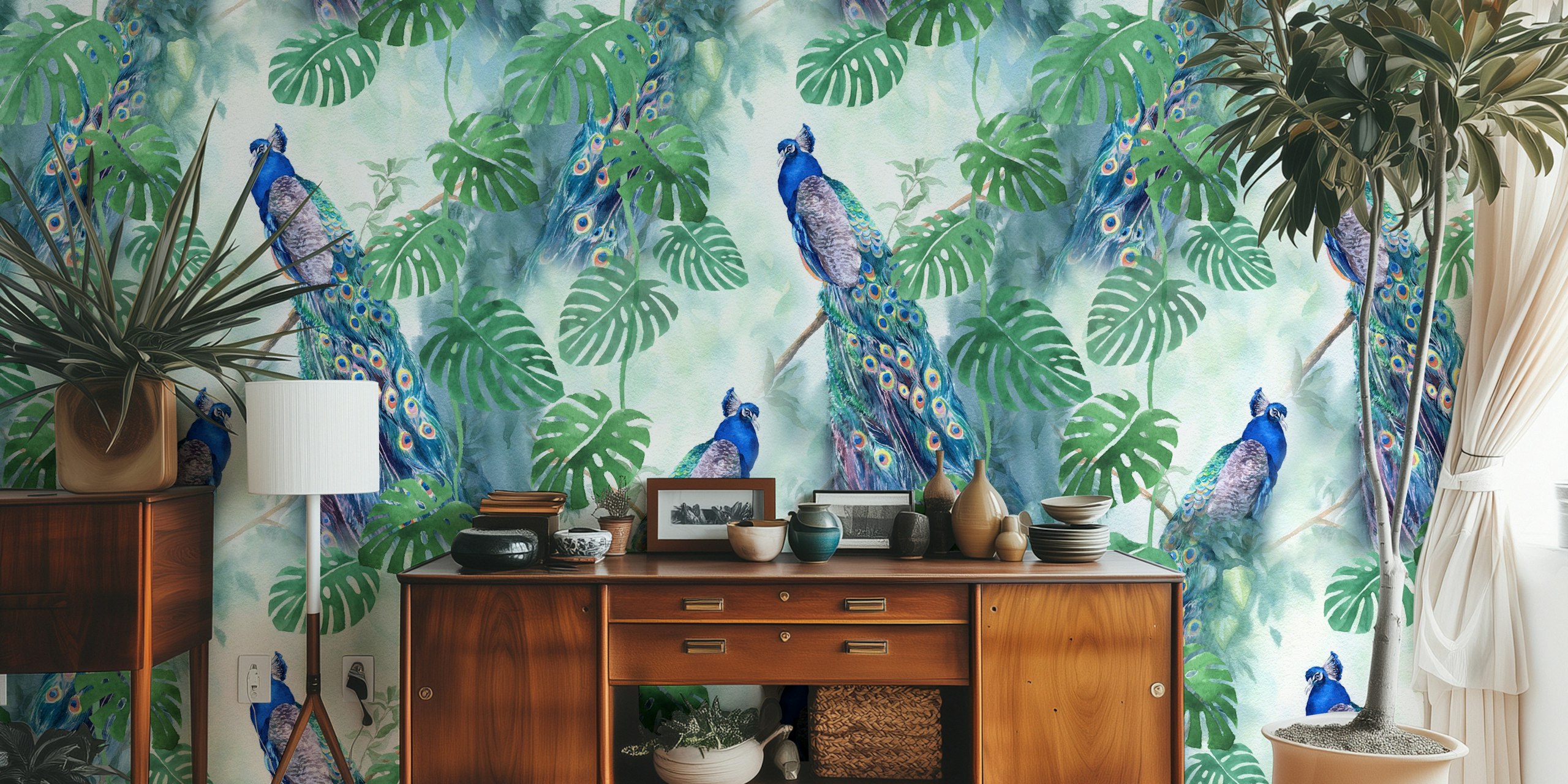 Lush Botanical Peacock Artwork σε ένα δωμάτιο