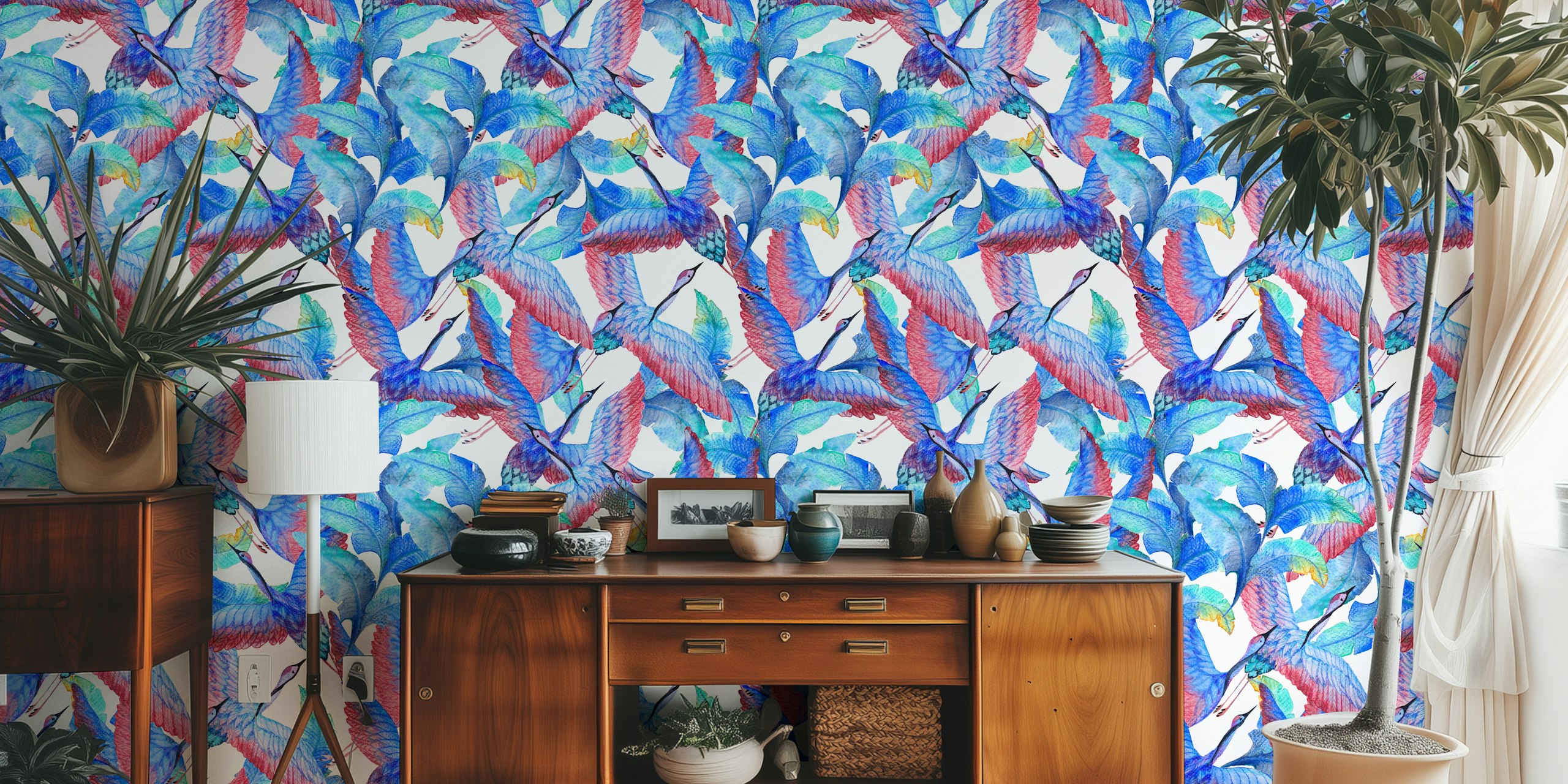Colorful stork pattern with leaves in blue and pink wallpaper