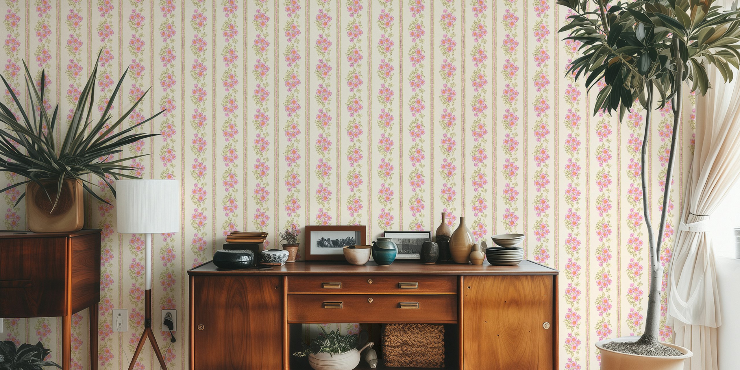 Pink floral wallpaper with stripes and flowers
