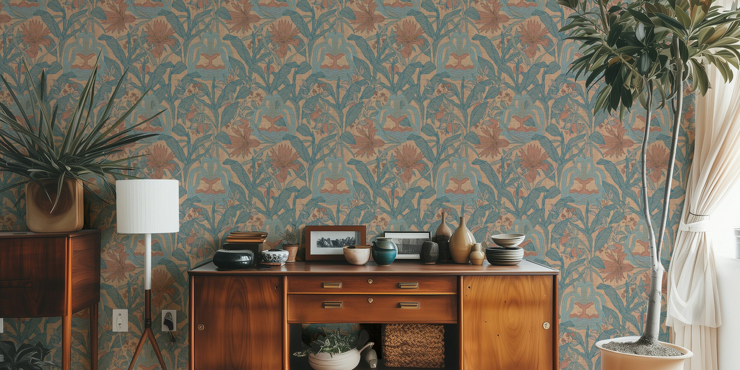 Bohemian floral wallpaper with earthy tones and flowing patterns