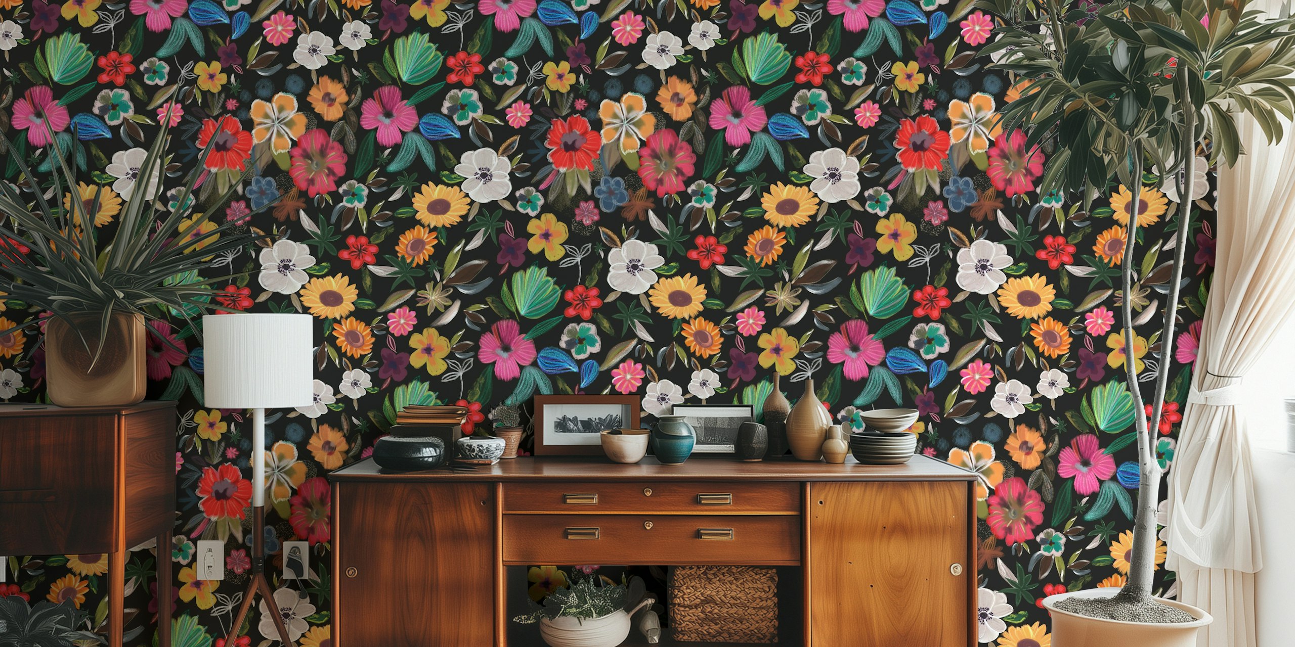 Kleurrijke bloemenbehang in een kamer