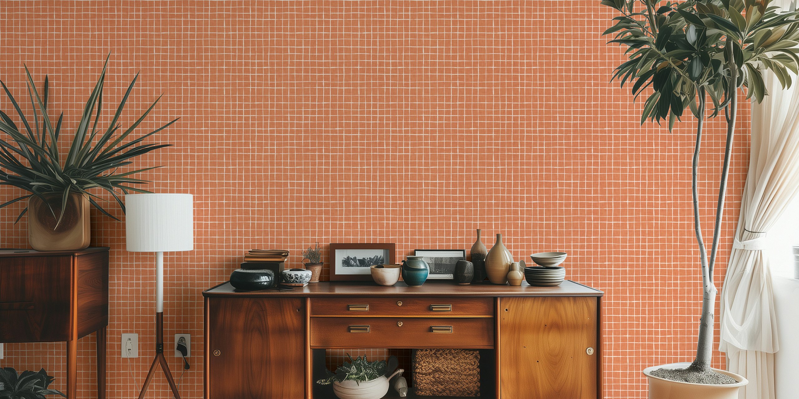 Terracotta checkered wallpaper σε ένα δωμάτιο