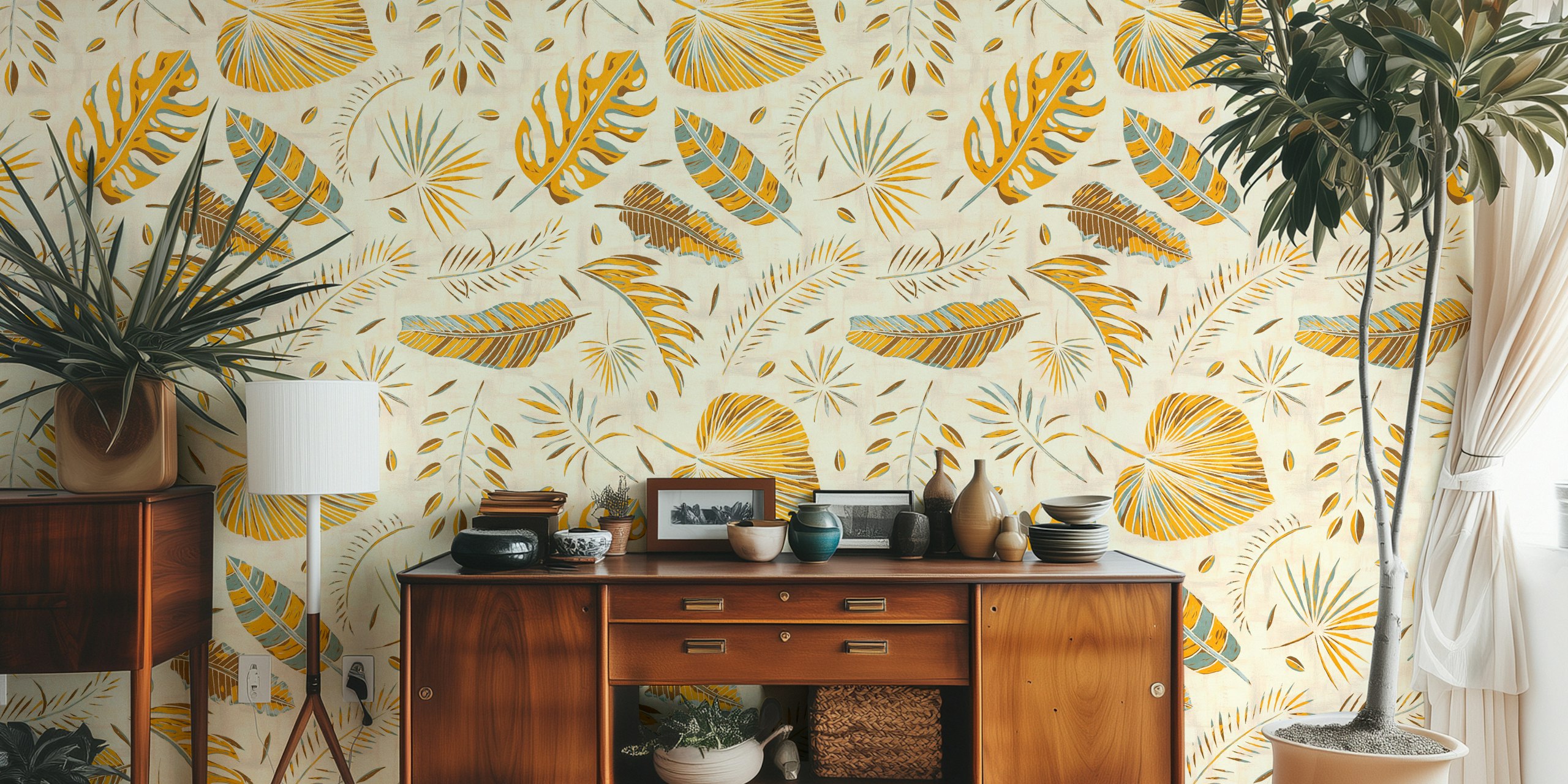 Sunset Palm Leaves yellow and blue wallpaper