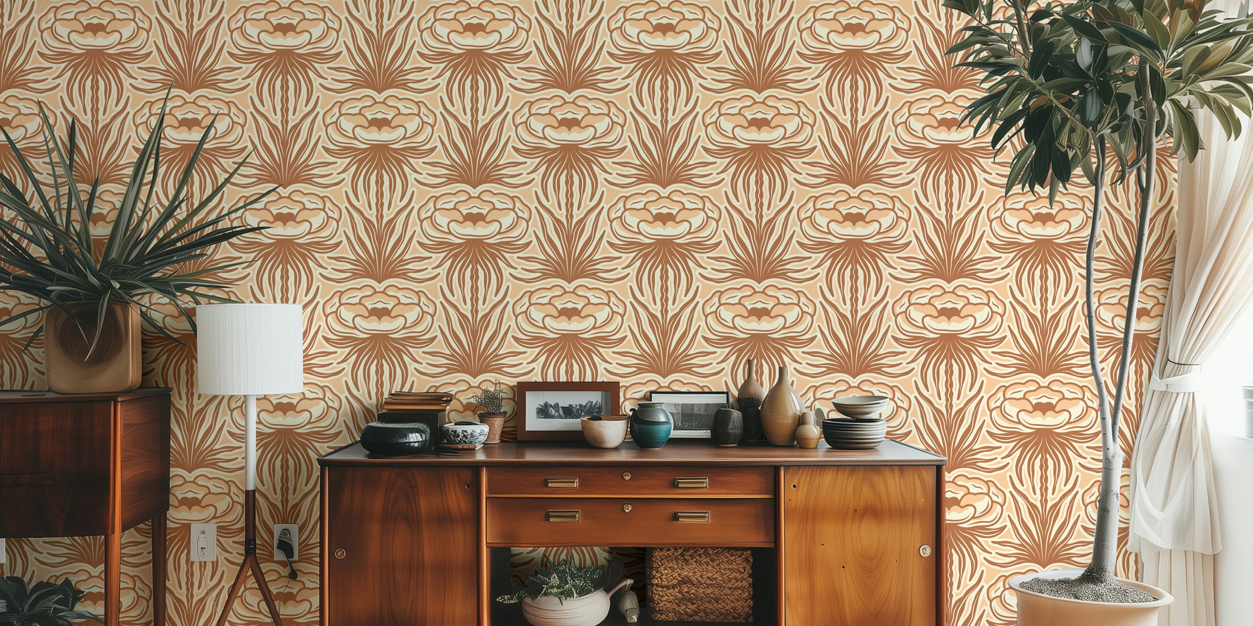 Vintage peony blossoms brown wallpaper in a room