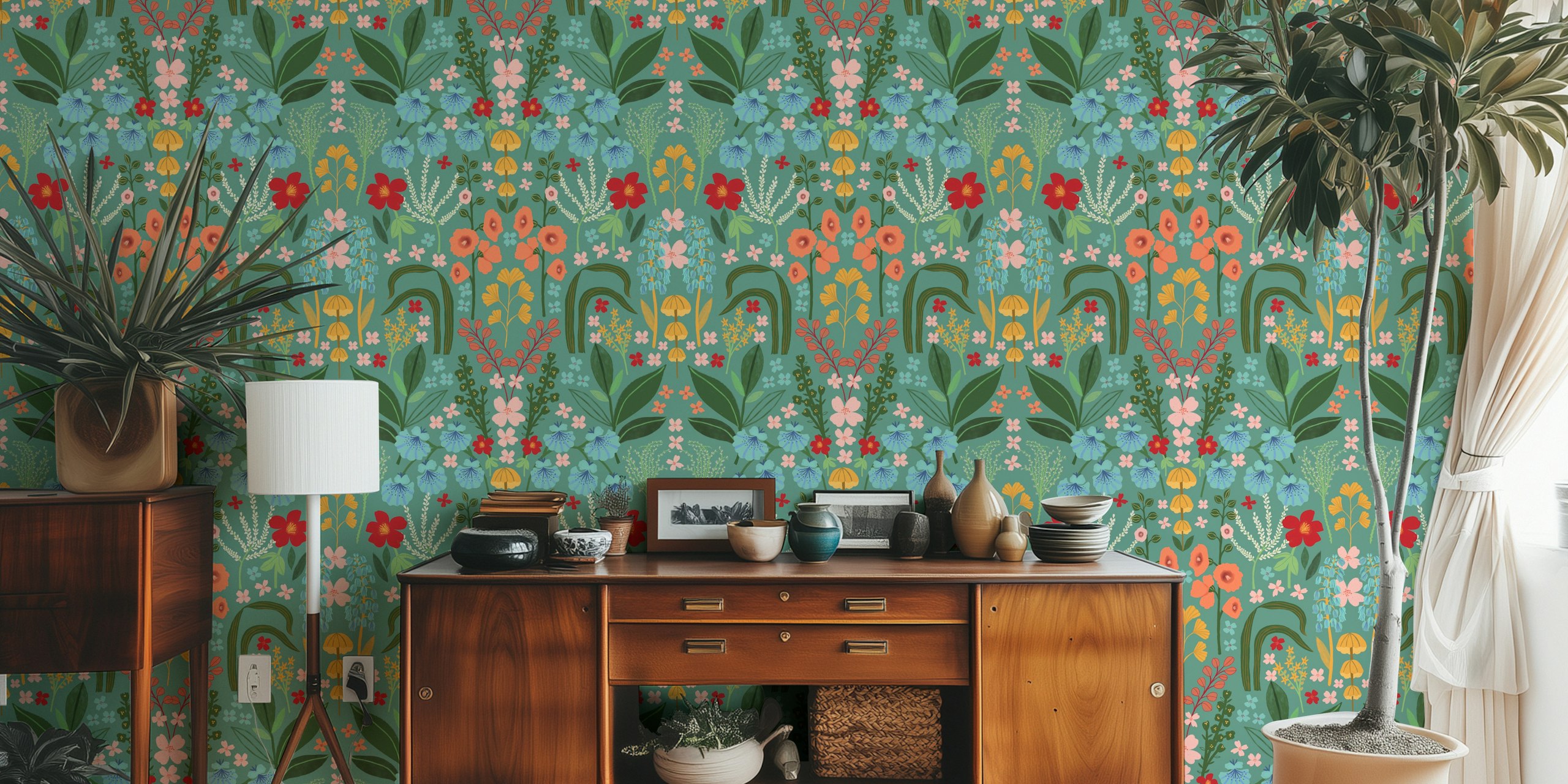 Colorful floral pattern with bluebells, pink flowers, and green leaves wallpaper