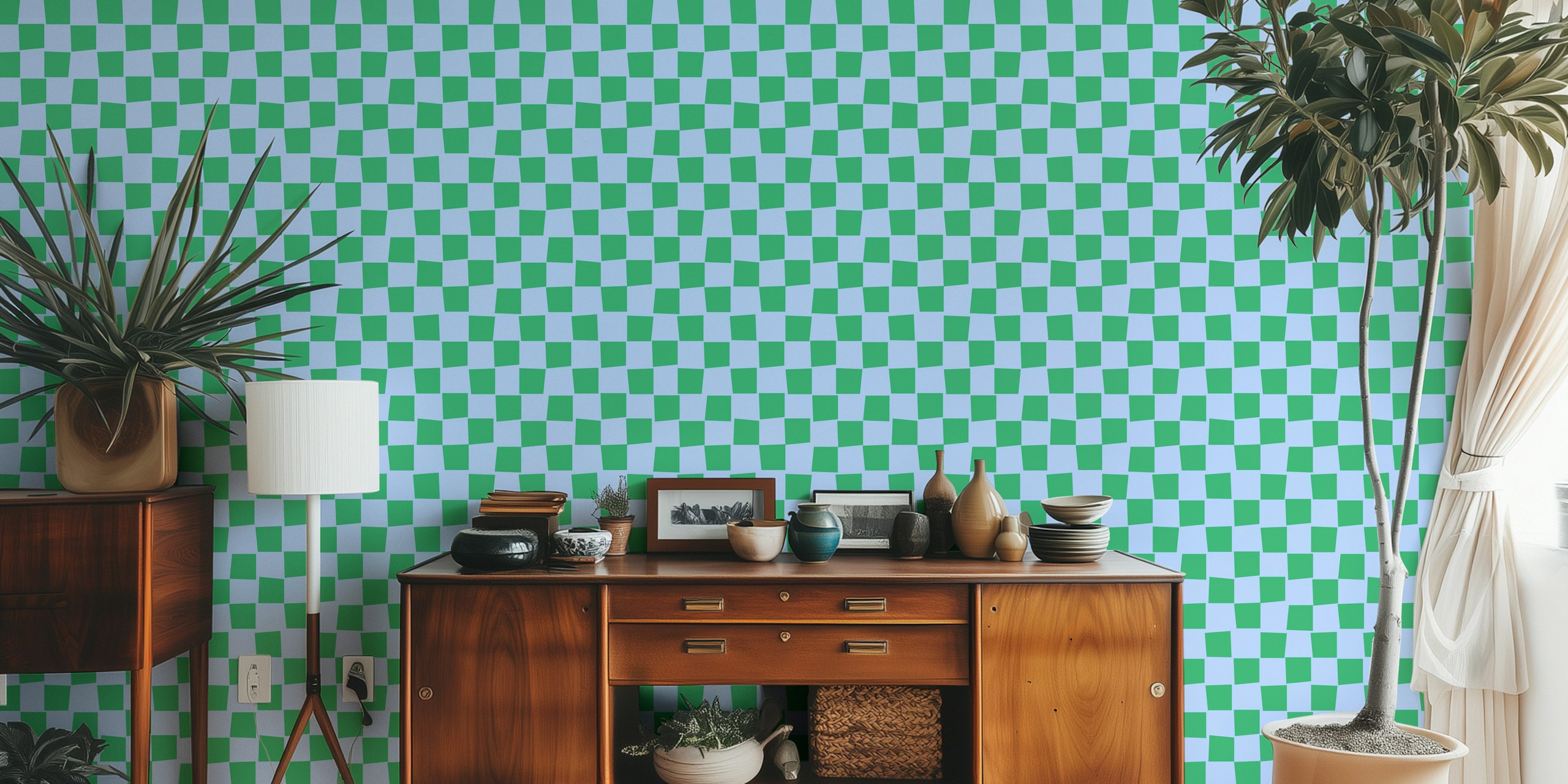 Playful green and blue tiled wallpaper