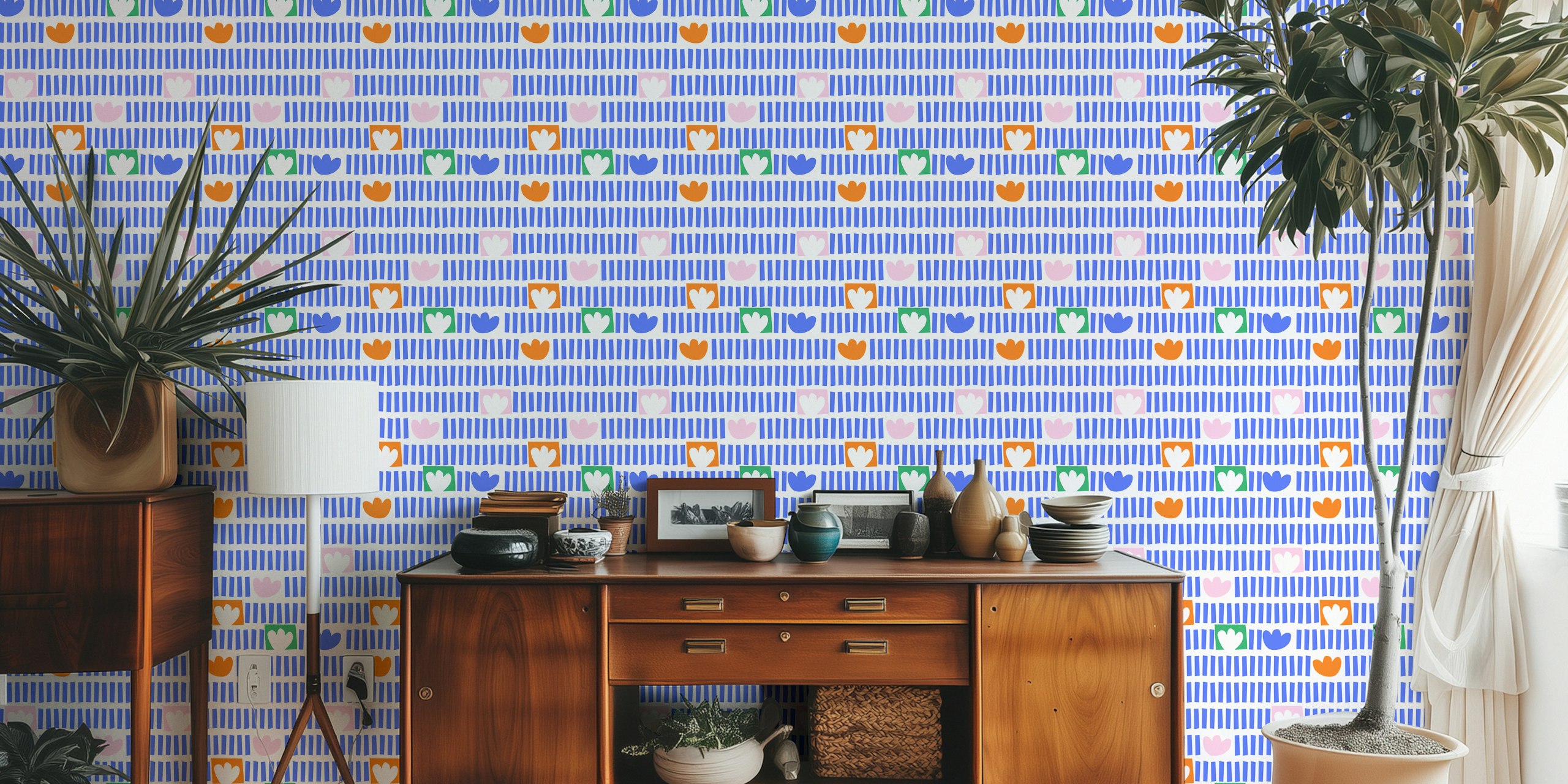 Colorful flowers and geometric patterns on a white background wallpaper