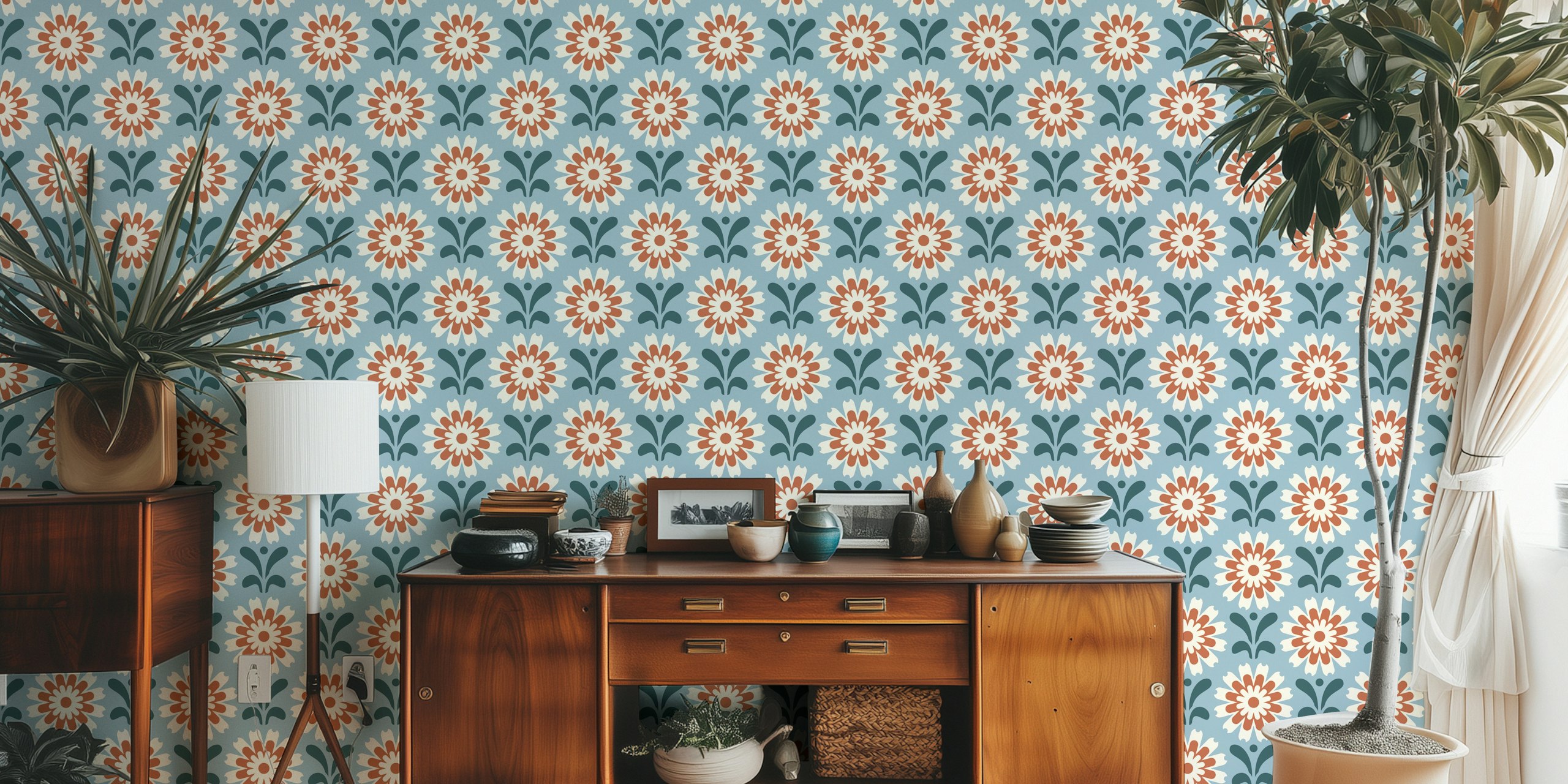 Rustic floral pattern with blue background, red and cream flowers, wall mural