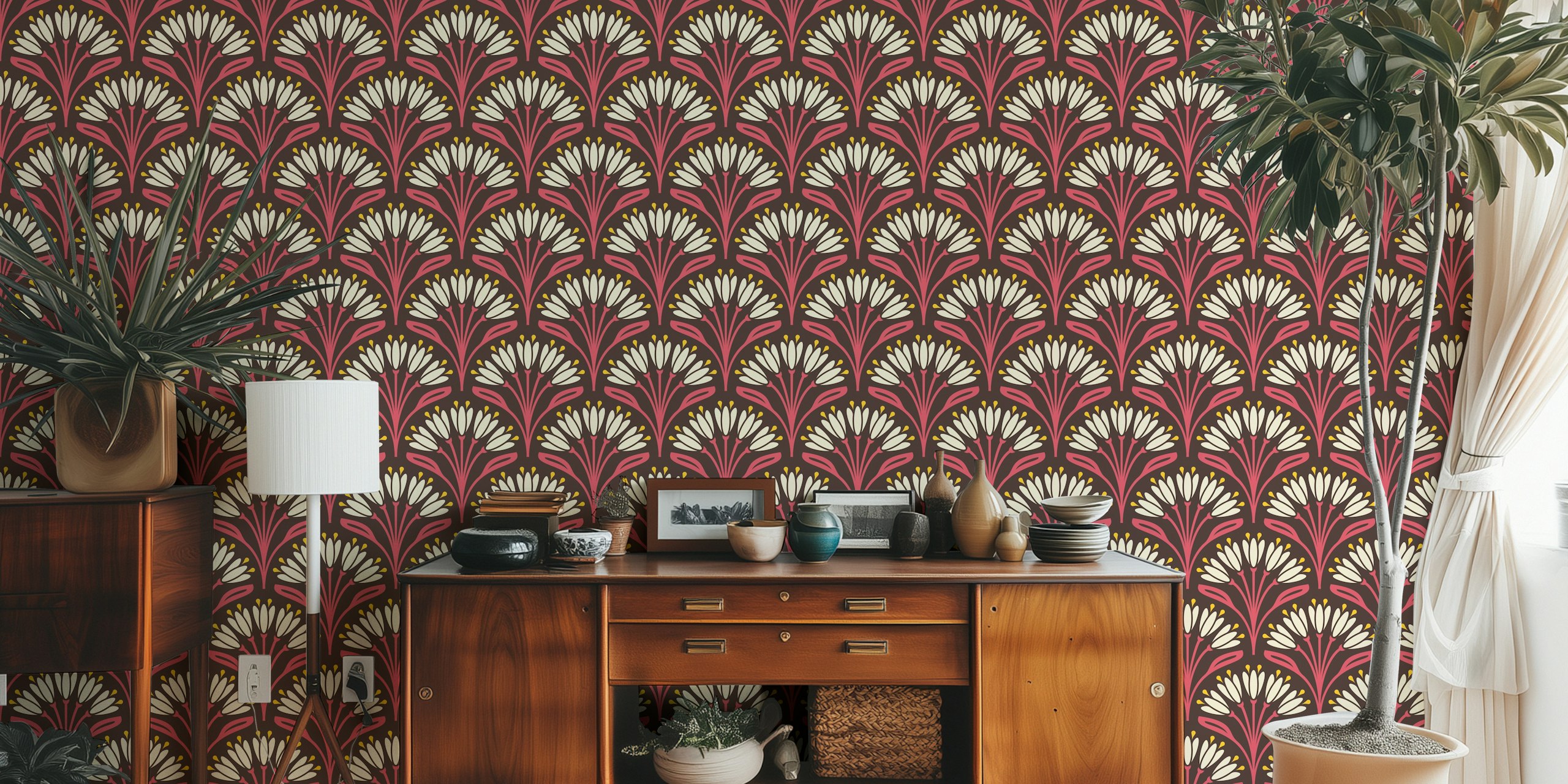 Art Nouveau floral wallpaper with magenta and creamy white flowers on a brown background