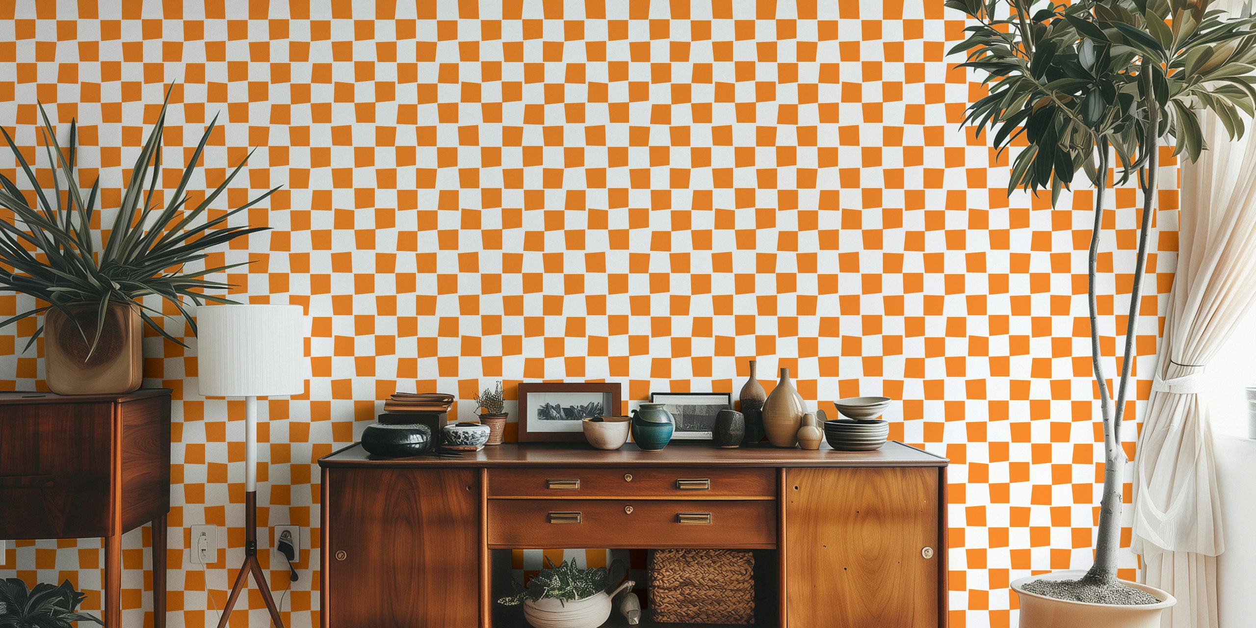 Orange checkerboard wallpaper in a room