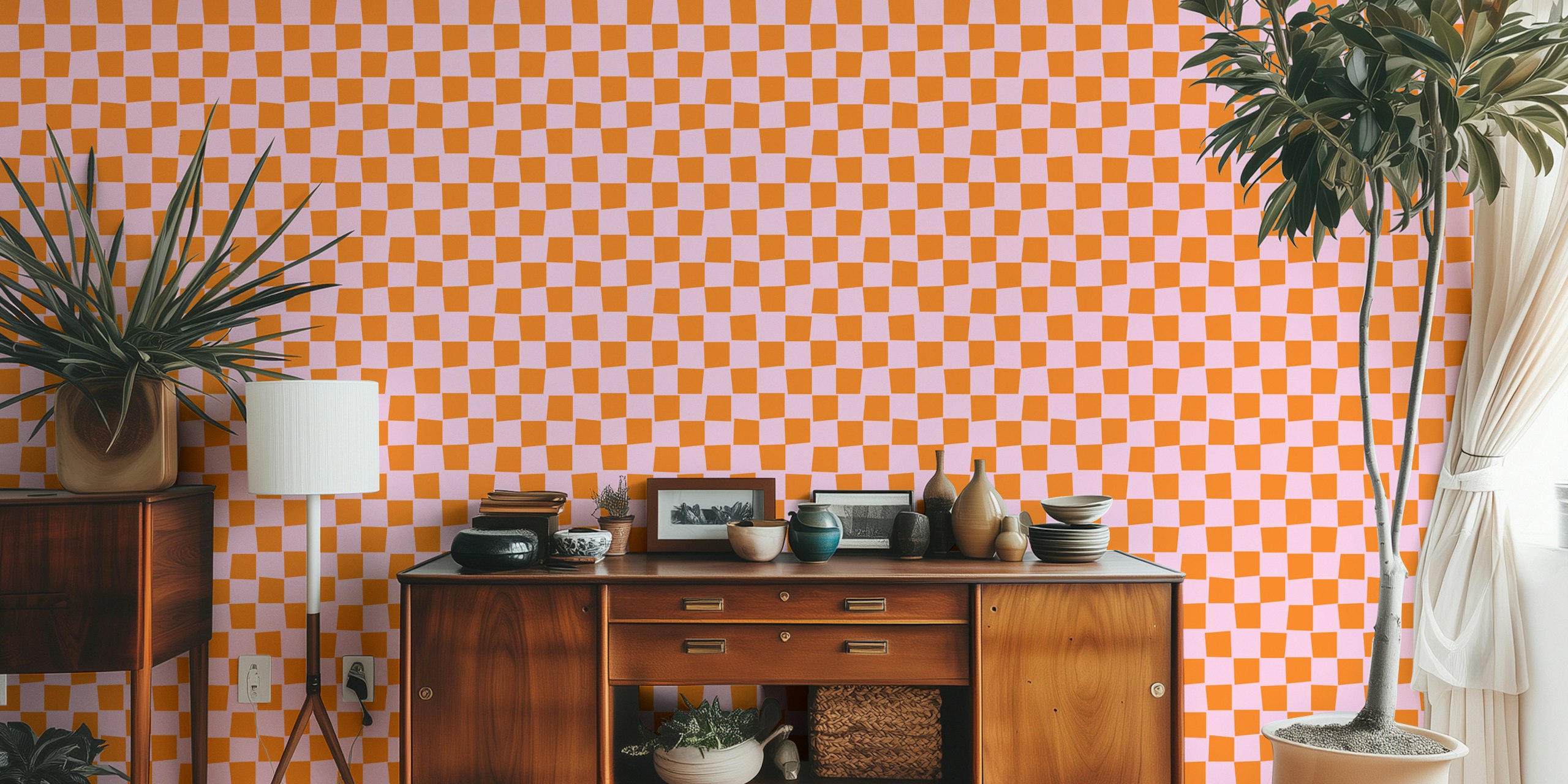 Checkerboard pattern wallpaper in orange and pink colors with playful design