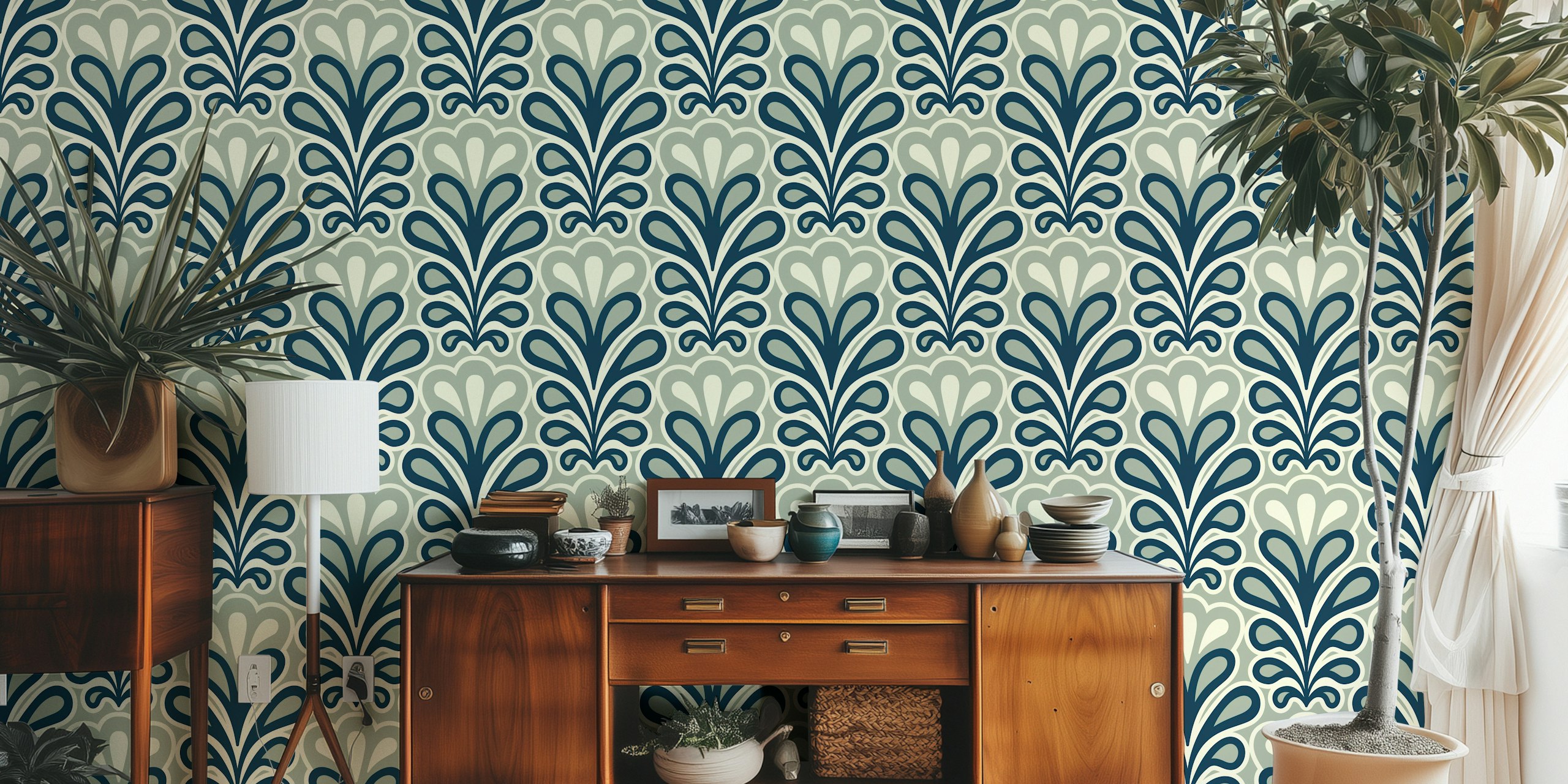 Vintage peony - lily blossoms navy grey papel pintado