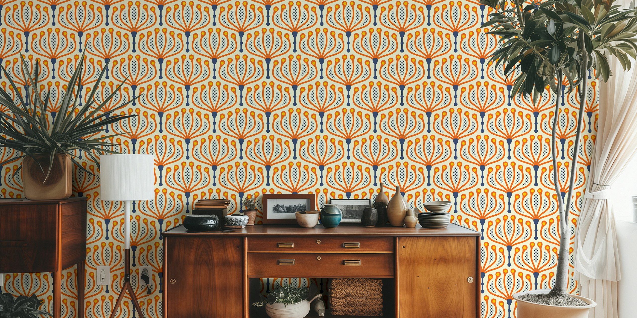 Floral geometric pattern in red, blue, and orange wallpaper