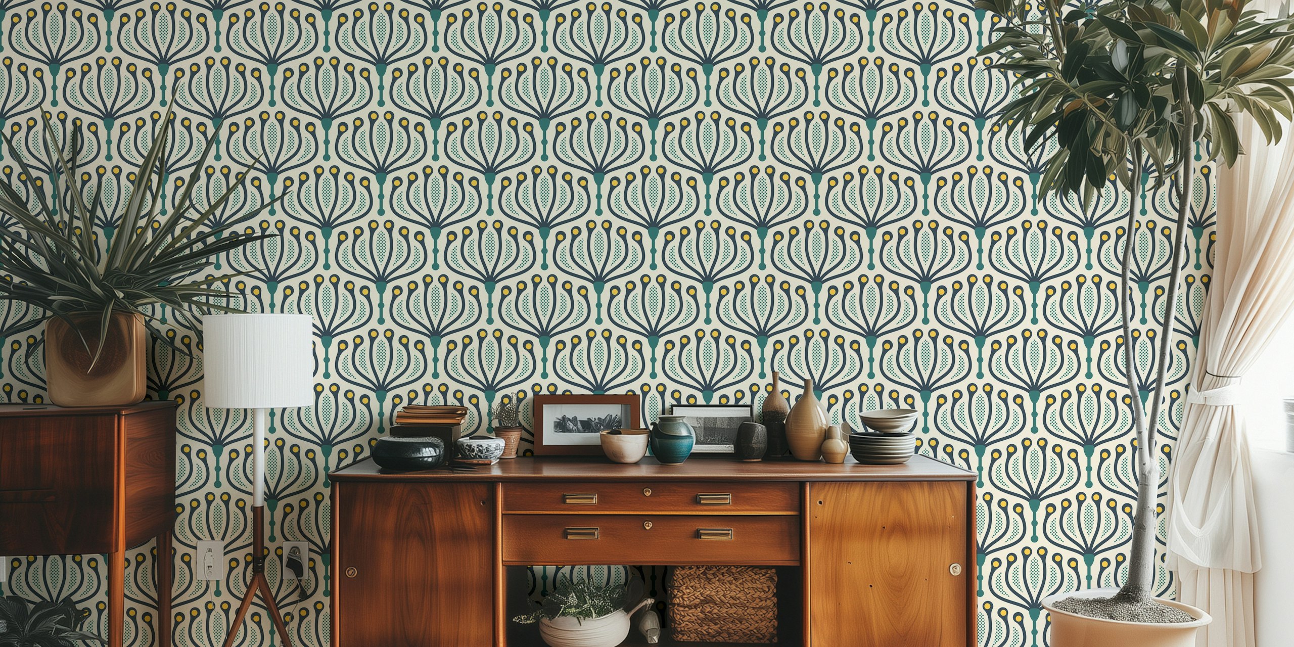 Geometric floral patterns in green and yellow on cream wallpaper