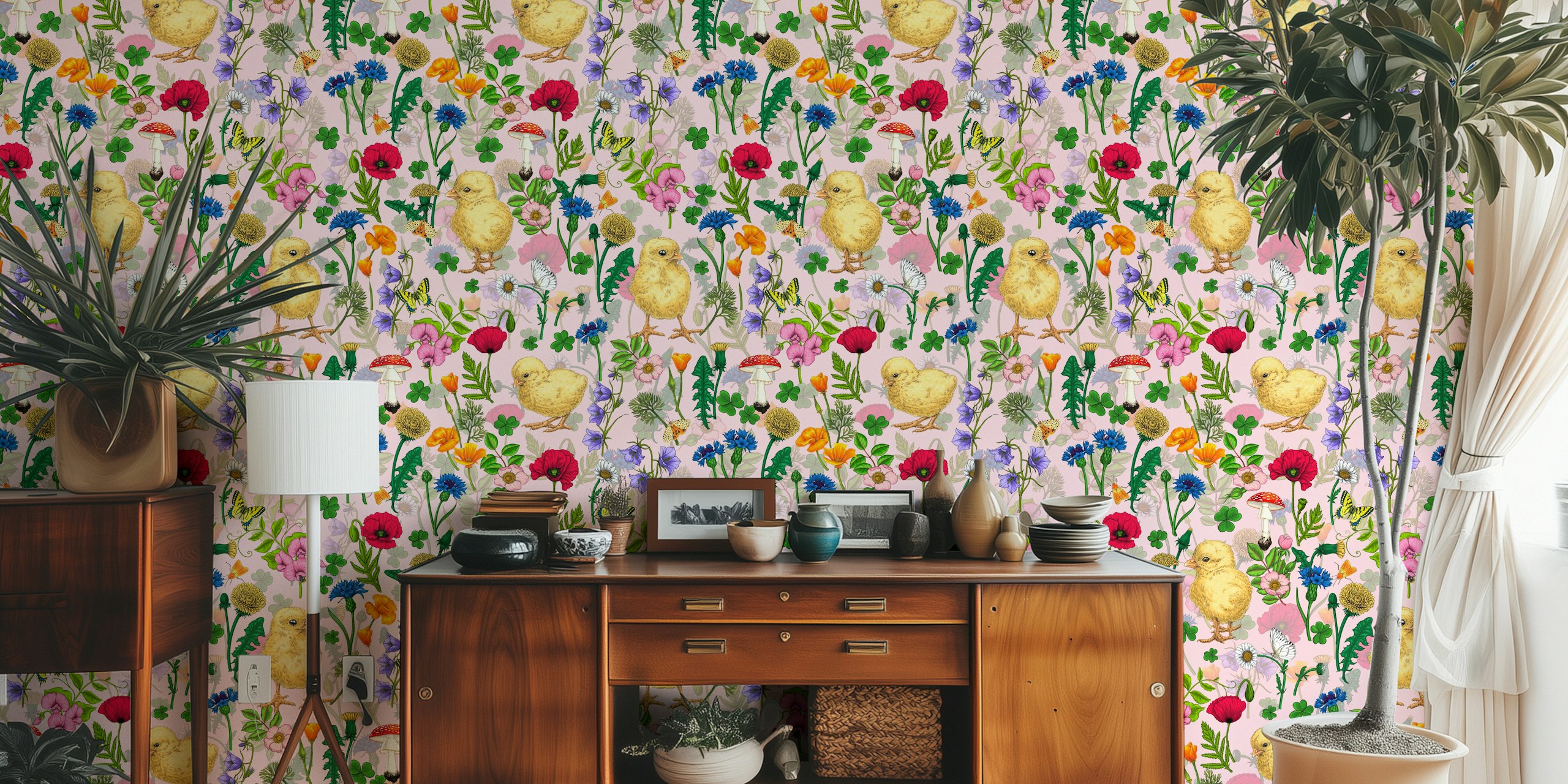 Chickens and wildflowers on pink background wallpaper