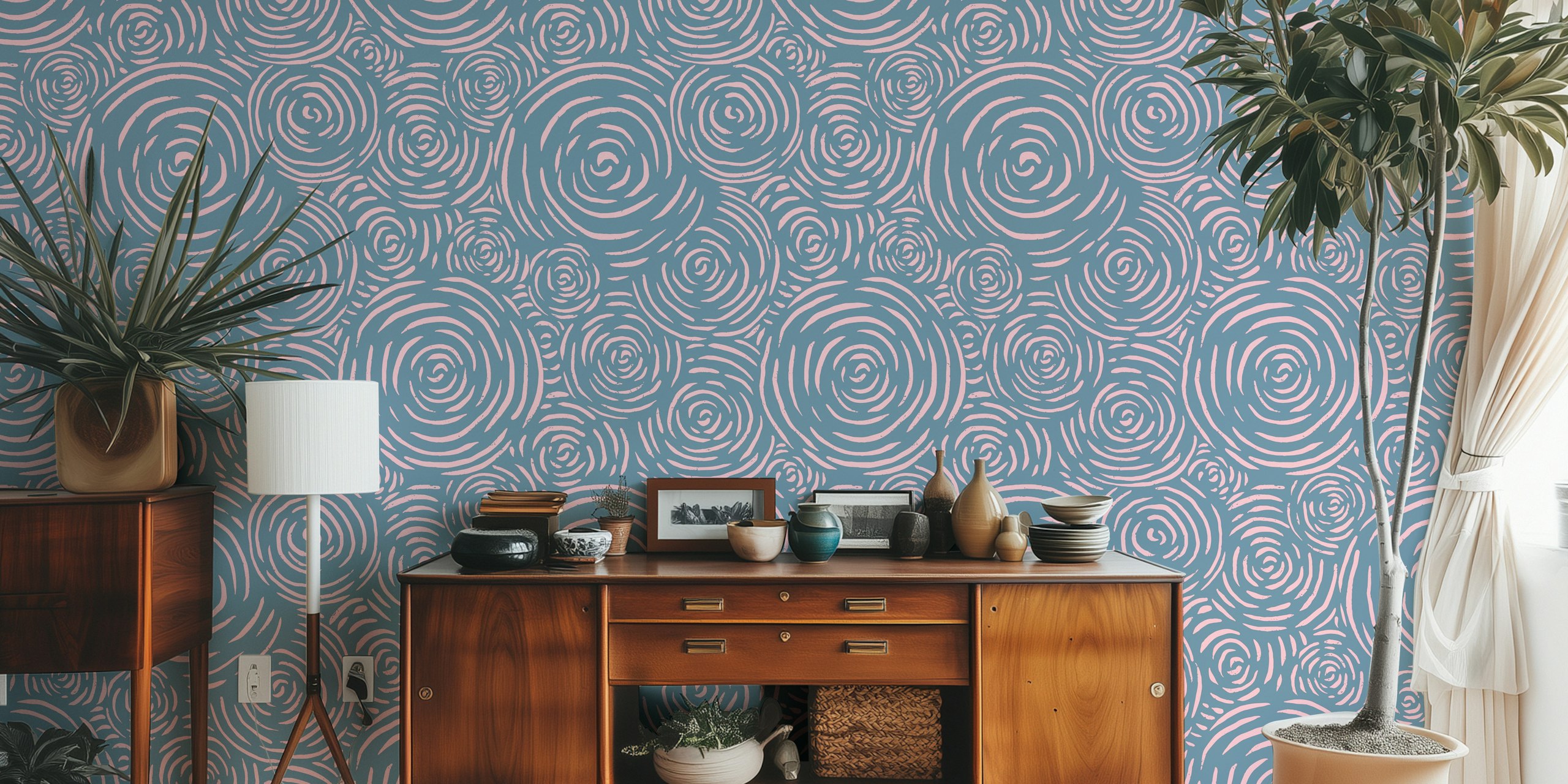 Blue and pink patterned wallpaper in a room