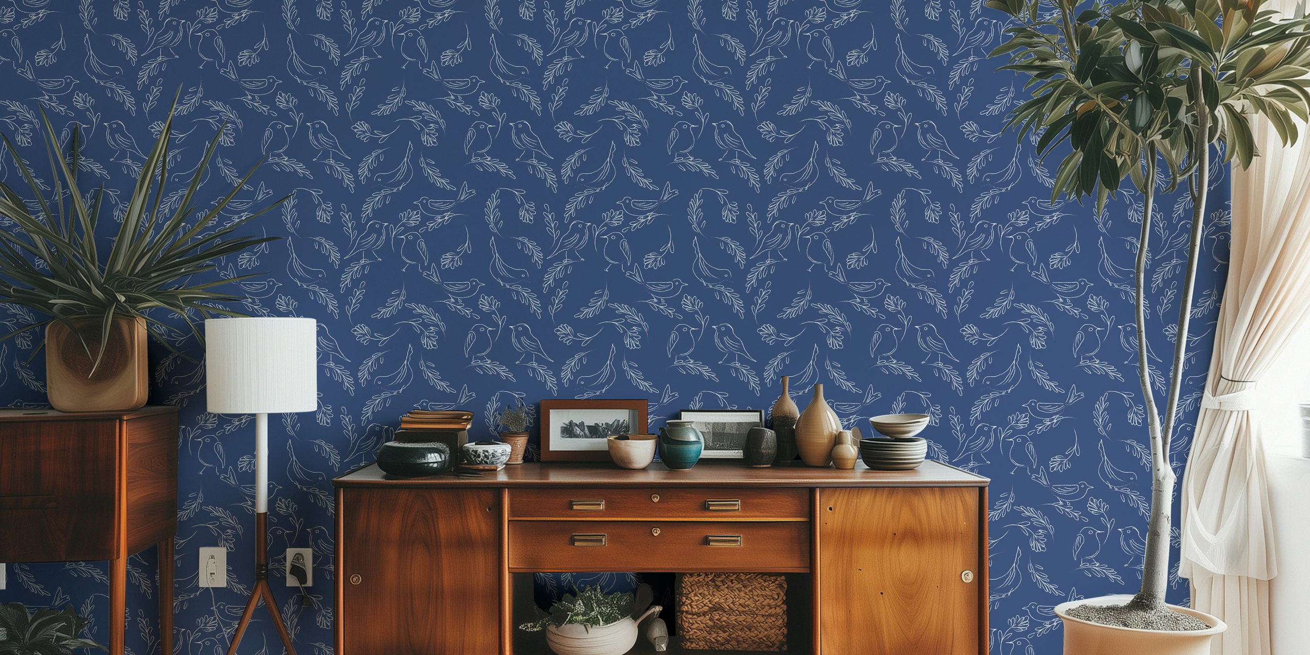 Chalkboard Bird Harmony dark blue carta da parati in una stanza
