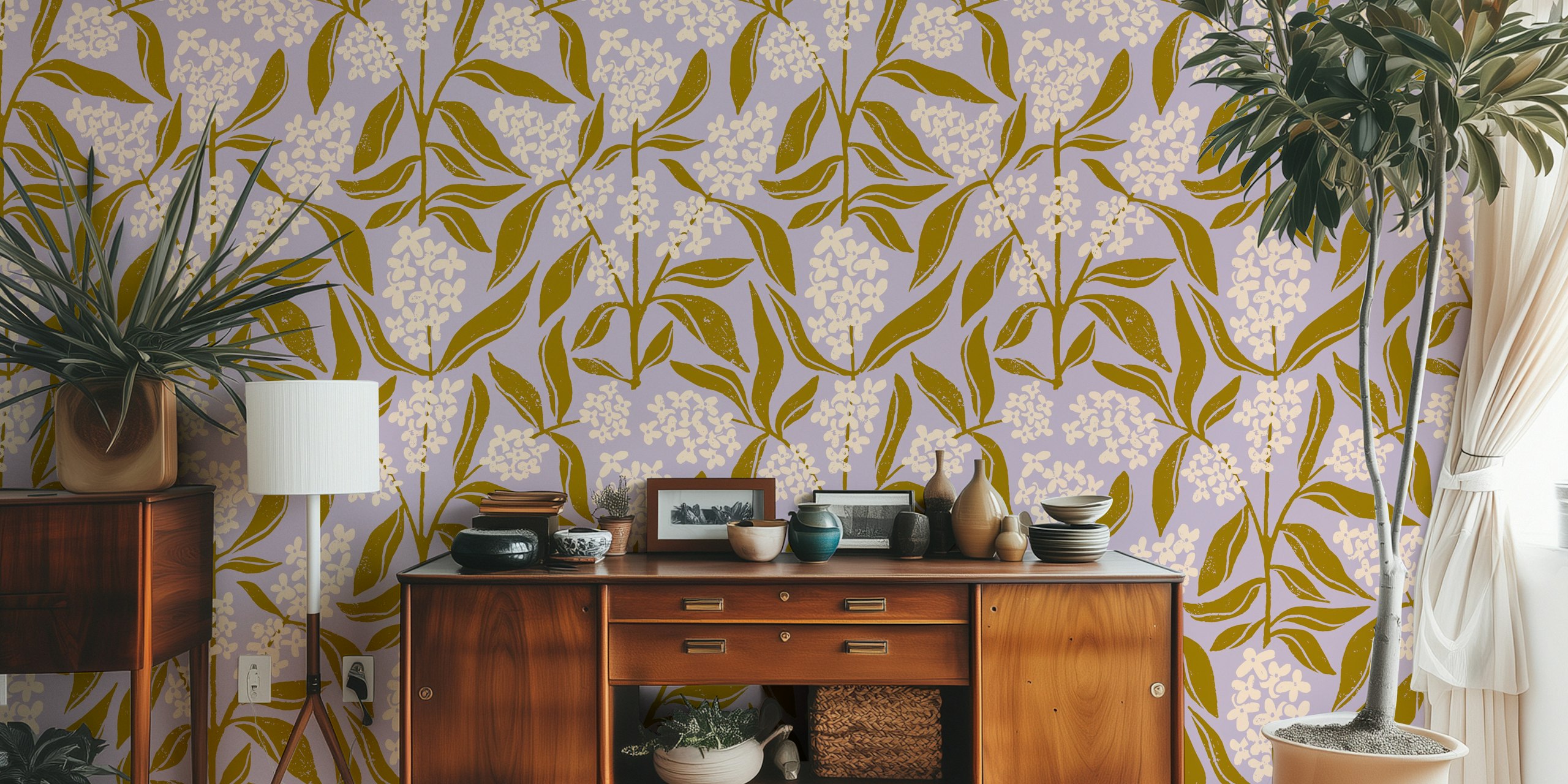 Floral pattern with cream flowers and mustard leaves wallpaper