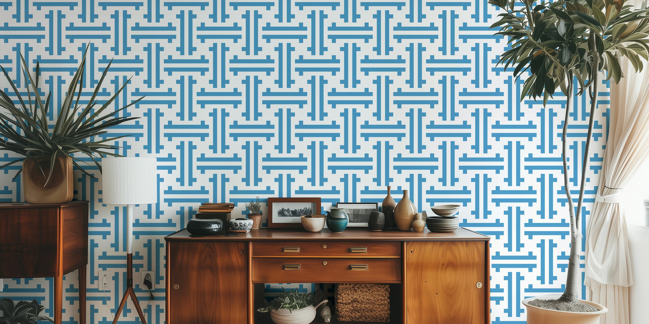 Geometric blue block pattern wallpaper