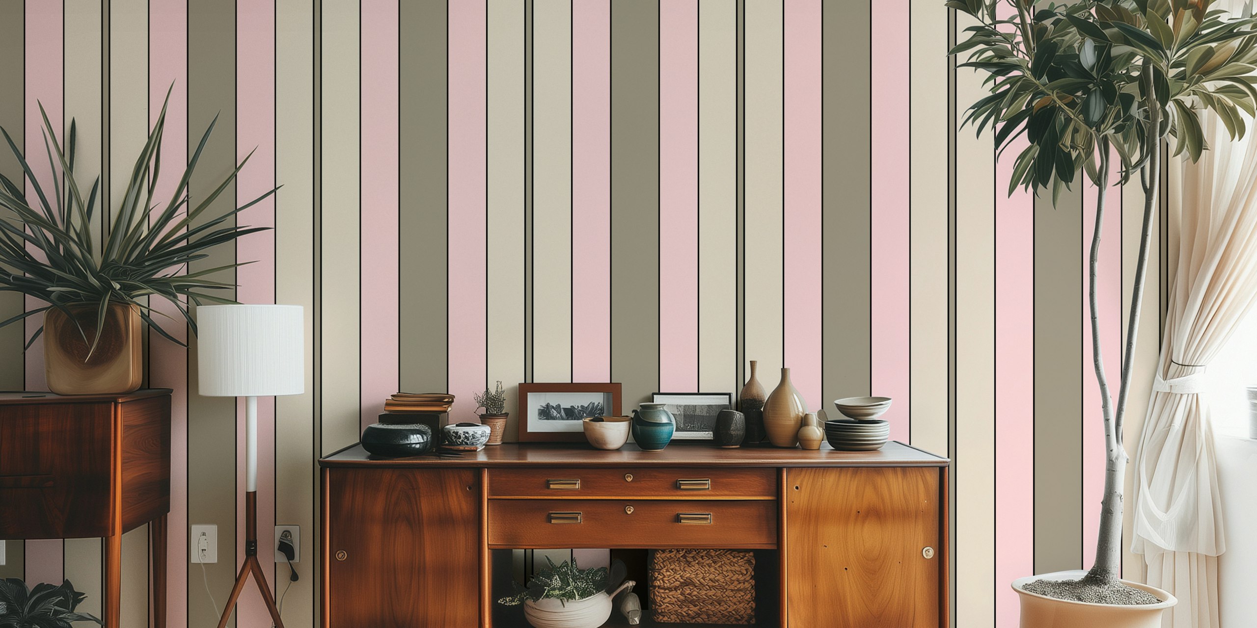 Muted Pink and Taupe Folk Stripes ταπετσαρία σε ένα δωμάτιο