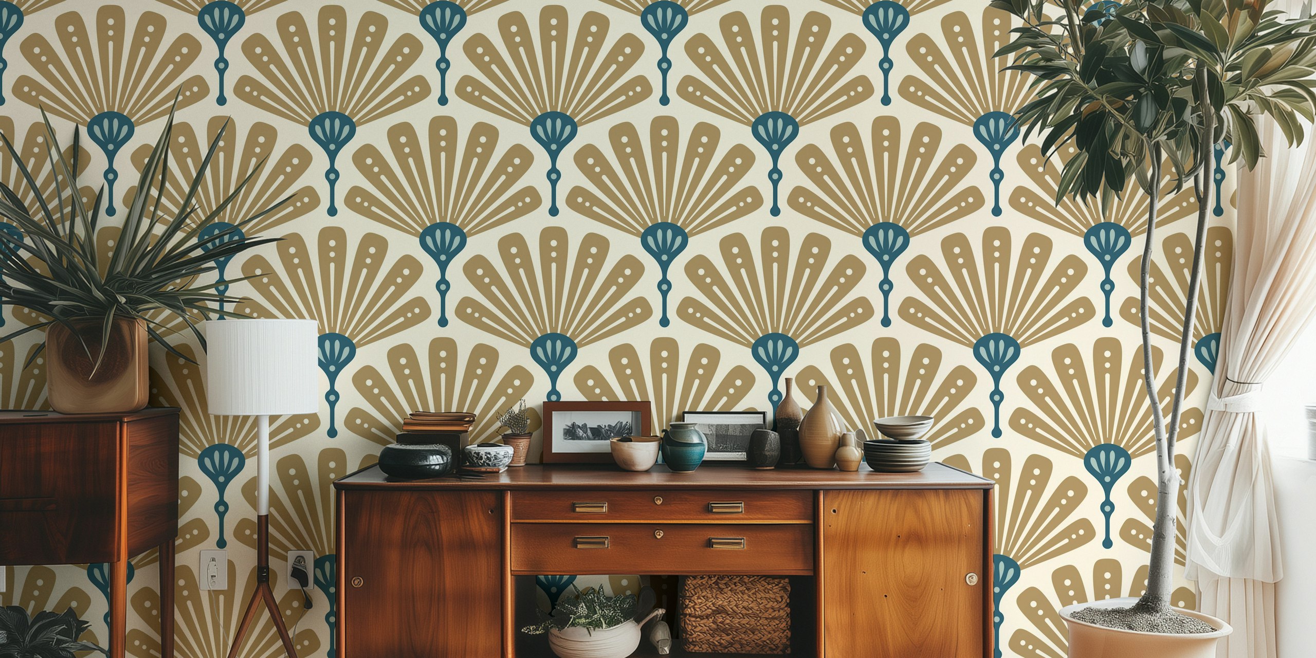 Art Deco Scallop Motif in Gold Teal tapet