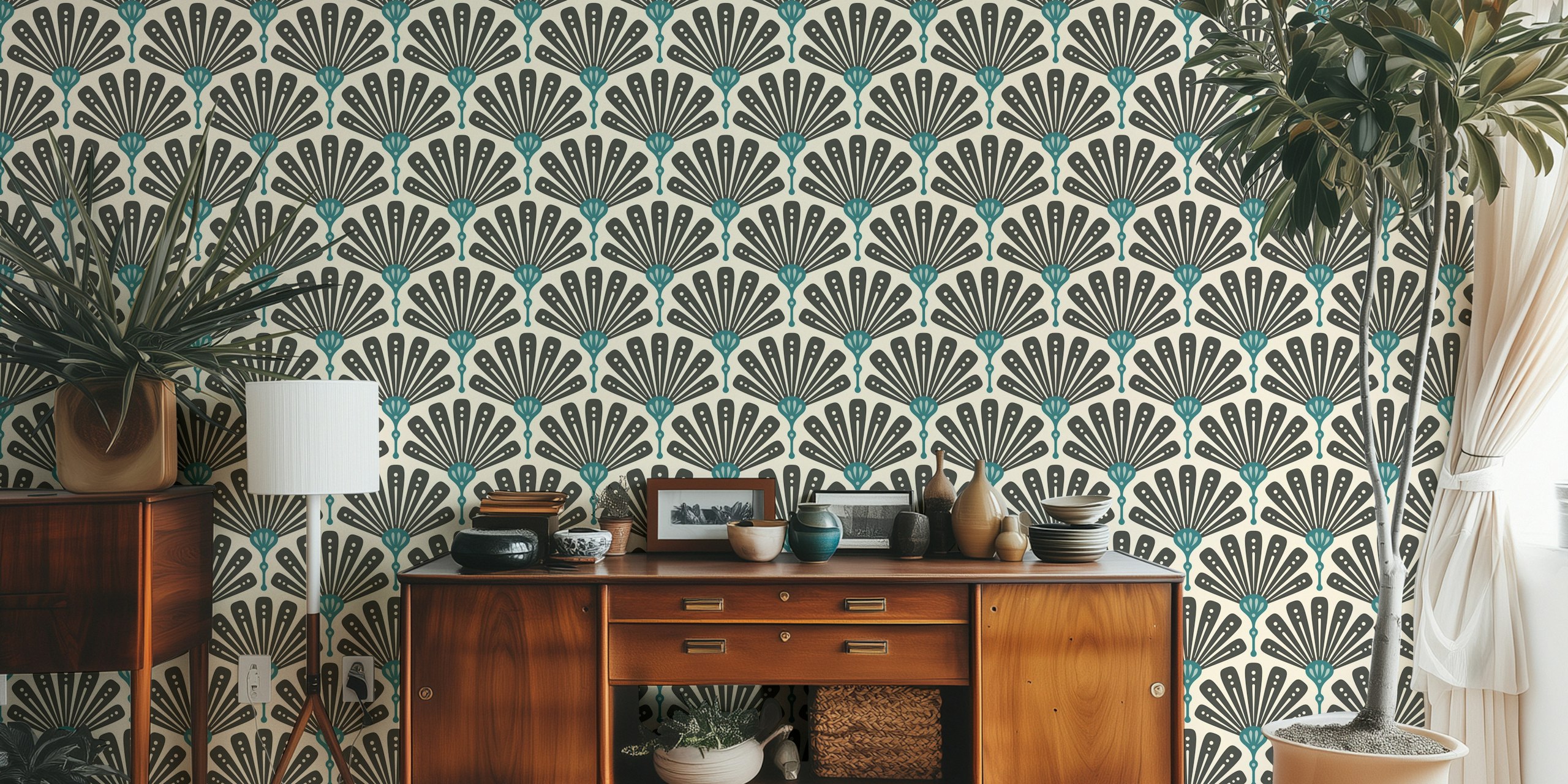 Art Deco scallop motif wallpaper in a room