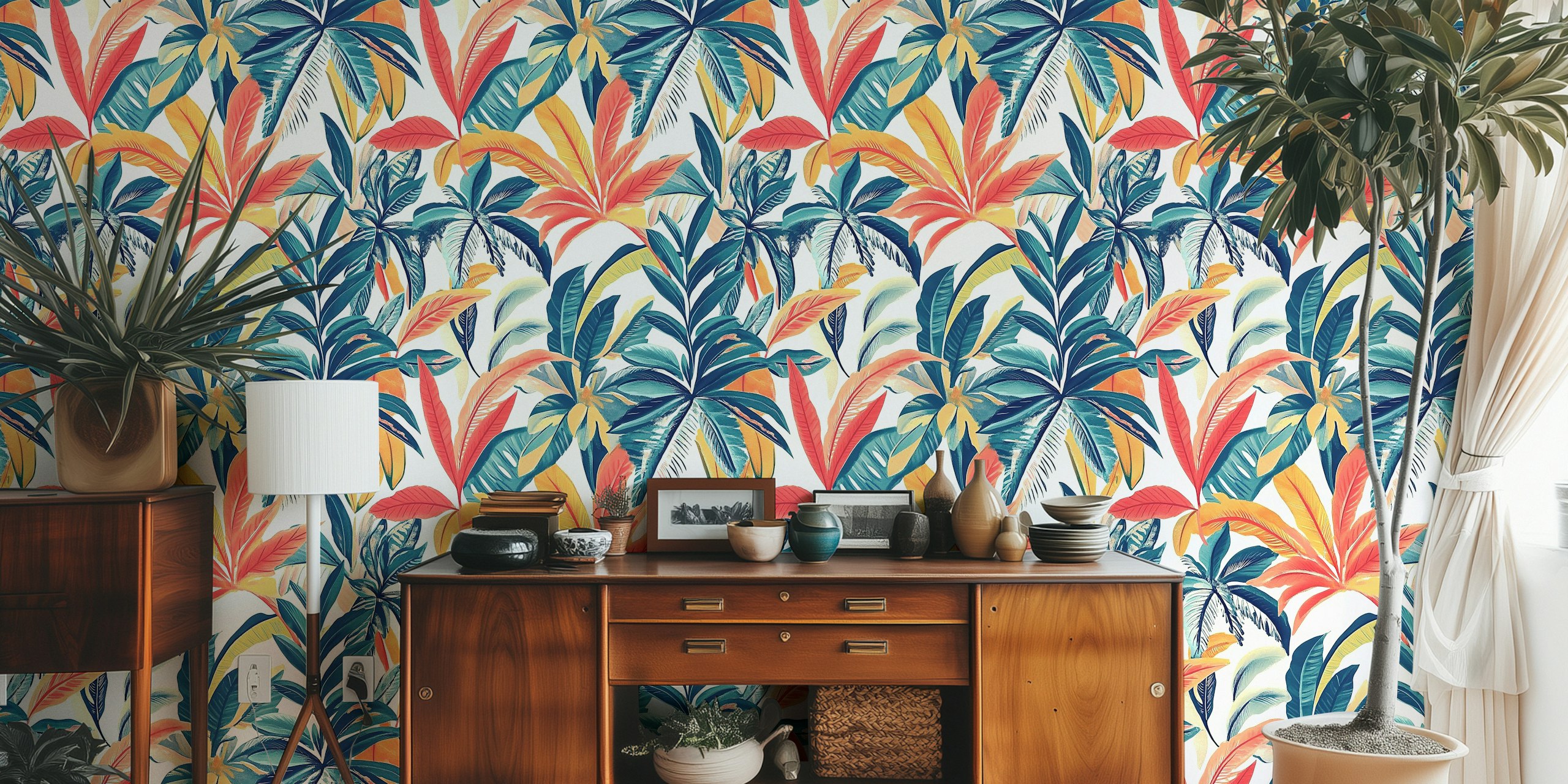 Colorful tropical leaves in red, green, and yellow wallpaper
