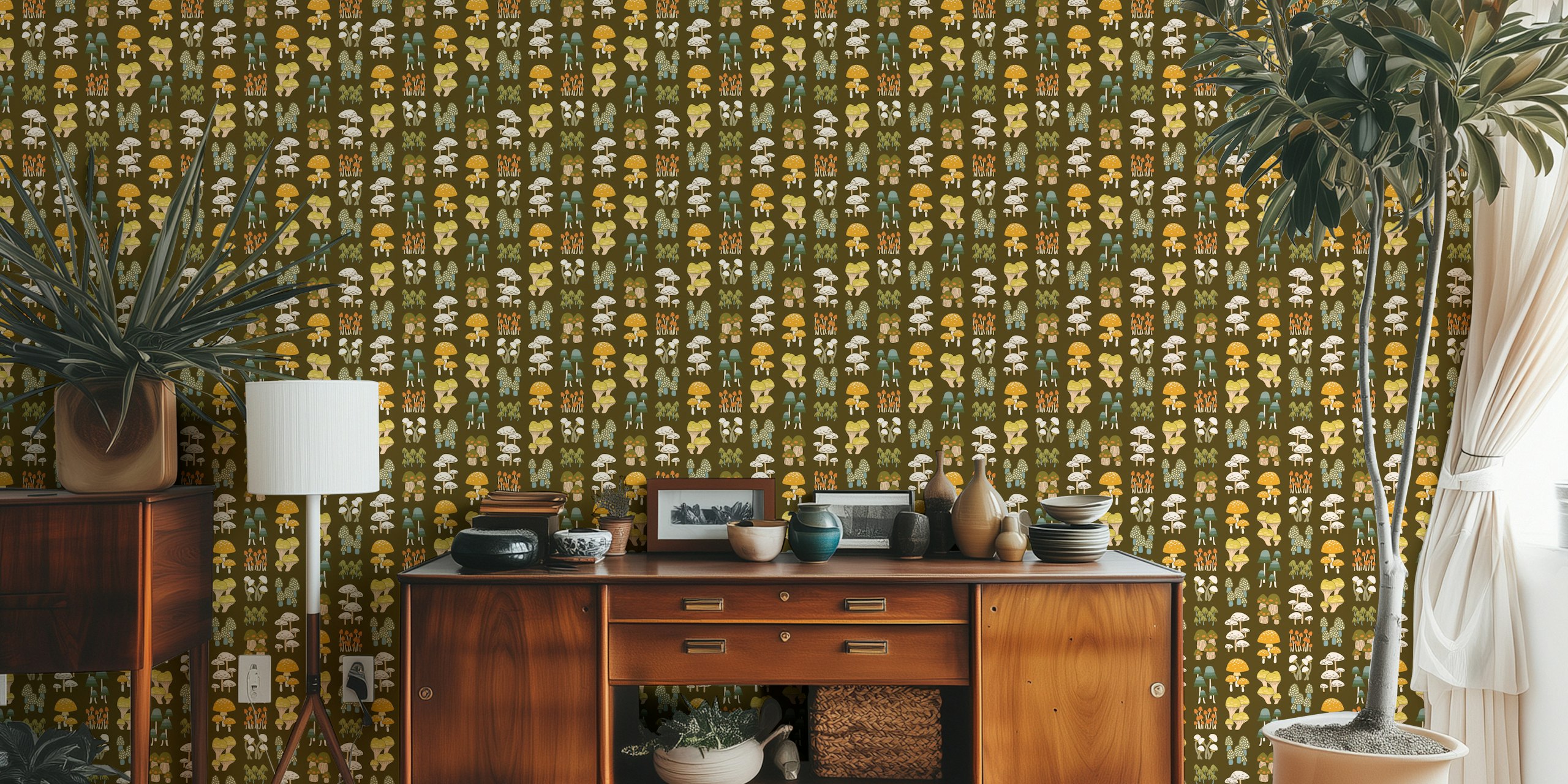 Mushroom and tree pattern in olive green wallpaper