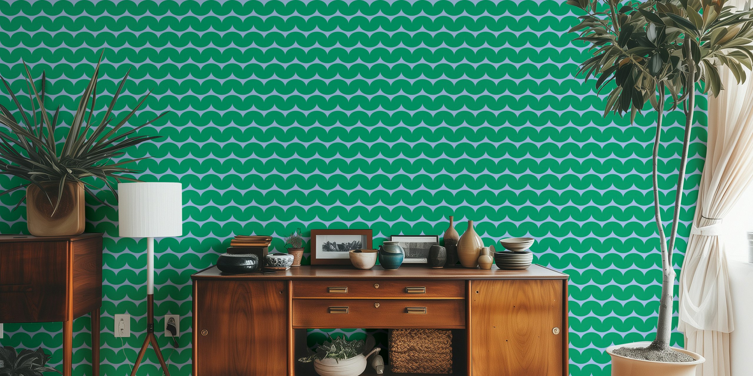 Grøn scallop wave midcentury pattern tapet