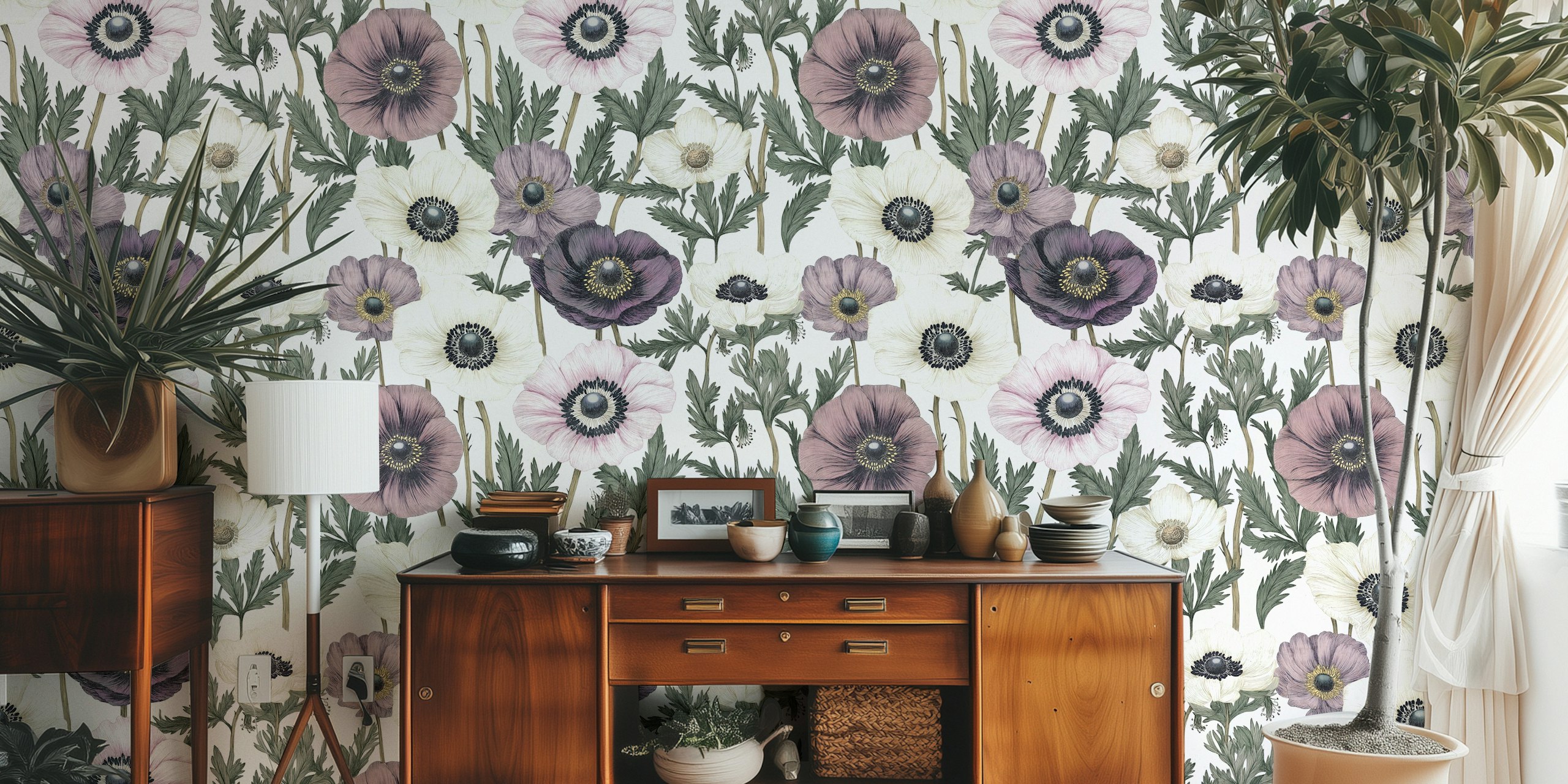 Papel tapiz Vintage Anemone Herbarium en una habitación