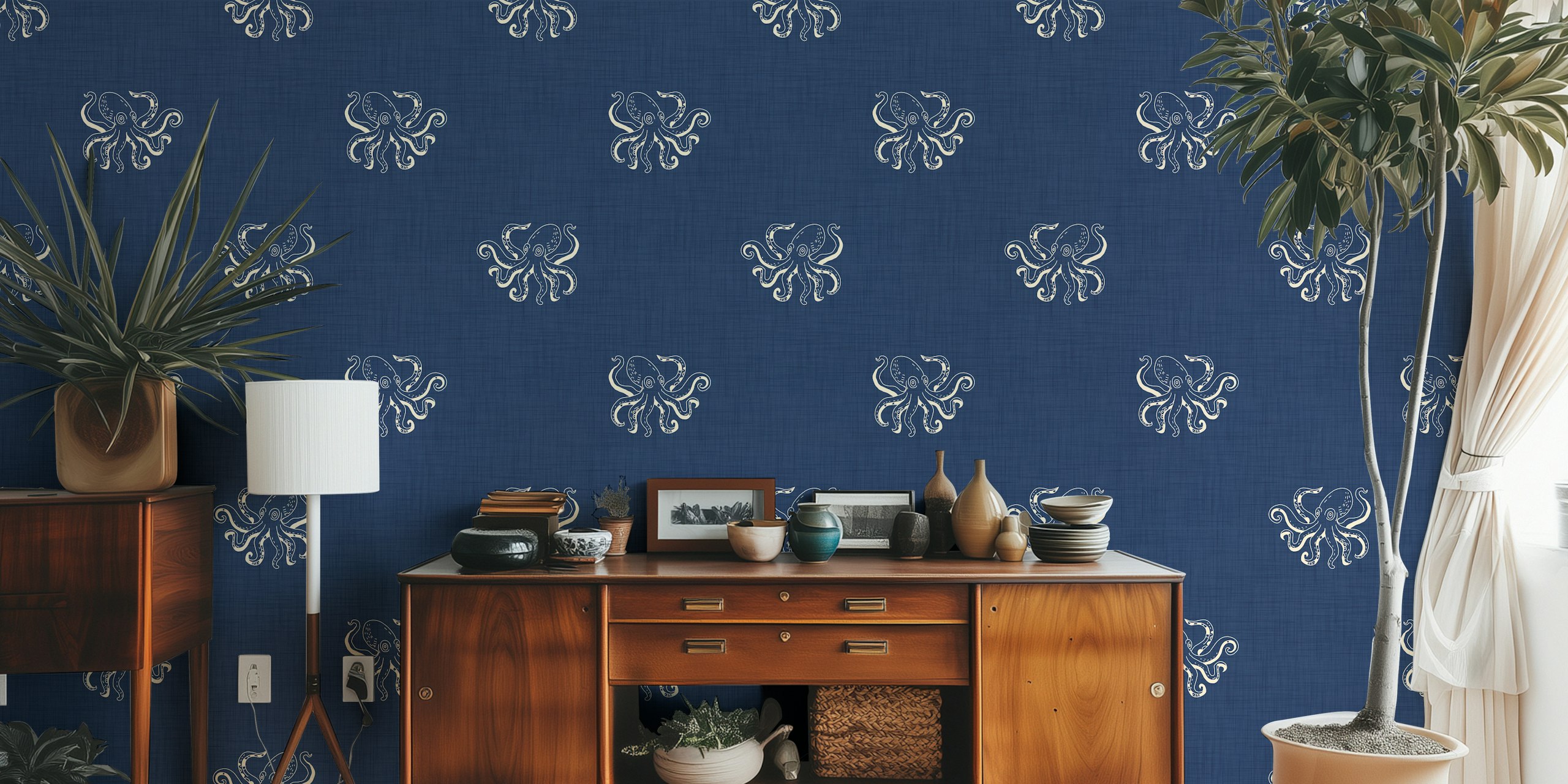 Octopus nautical design wallpaper in a room