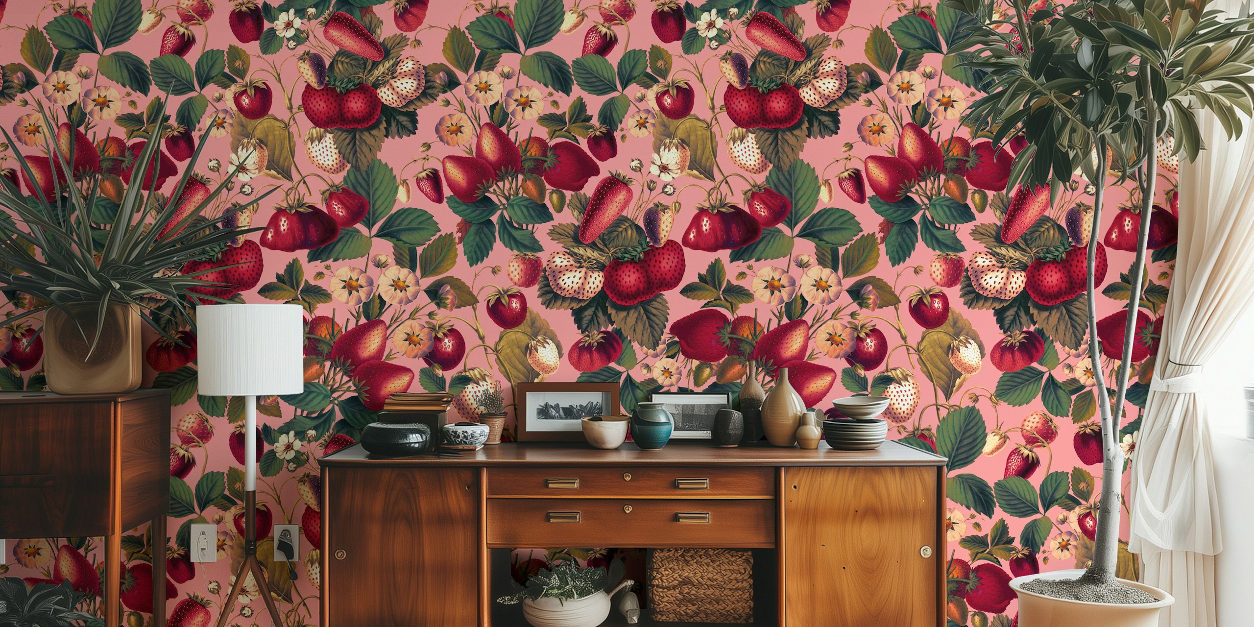 Pink floral wallpaper featuring strawberries and green leaves
