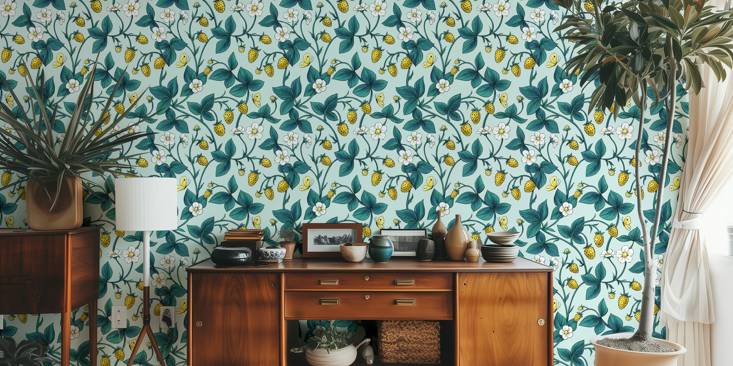 Wild roses and butterflies wallpaper in a room