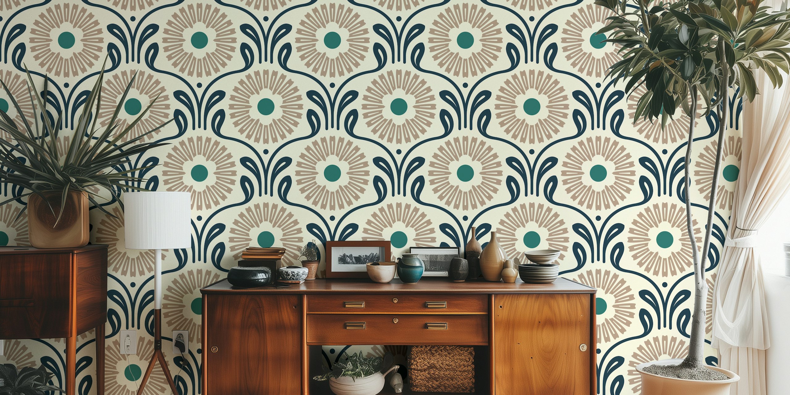 Beige and green floral pattern with ornate daisies wallpaper