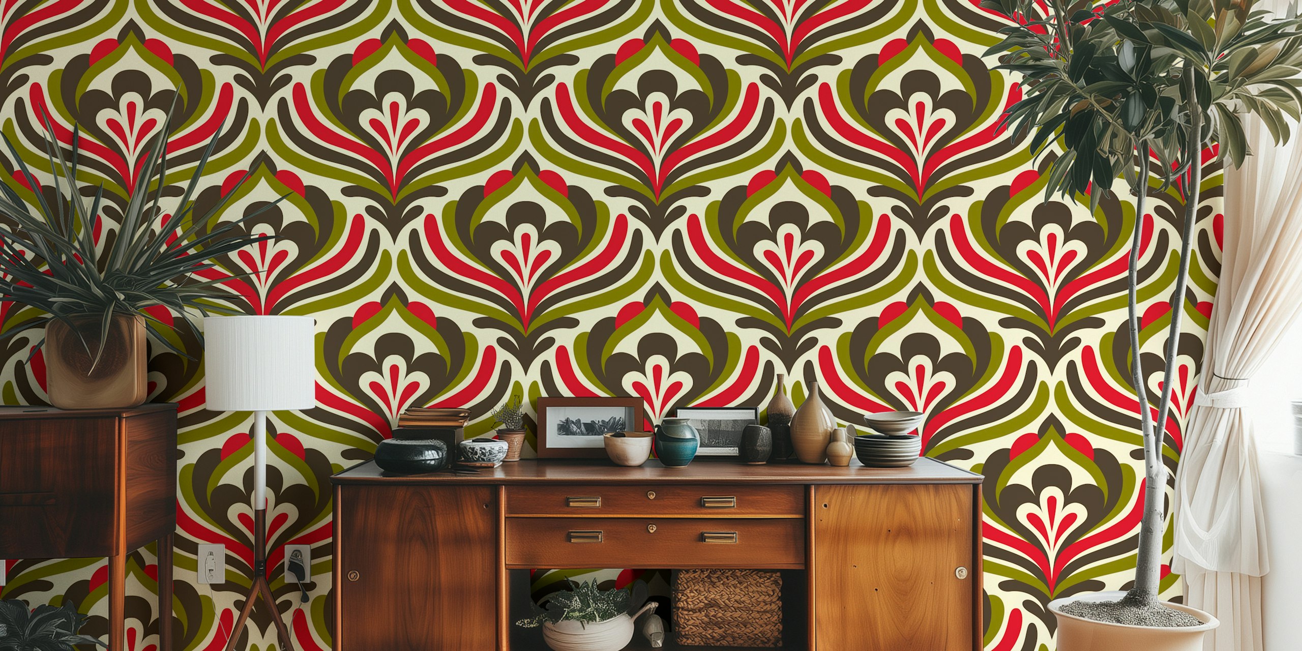 Vintage floral waves pattern in green, red, and brown wallpaper