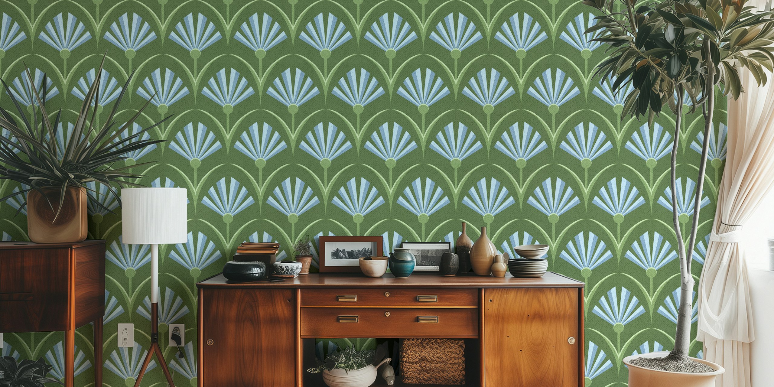Retro floral fan pattern in blue and green wallpaper
