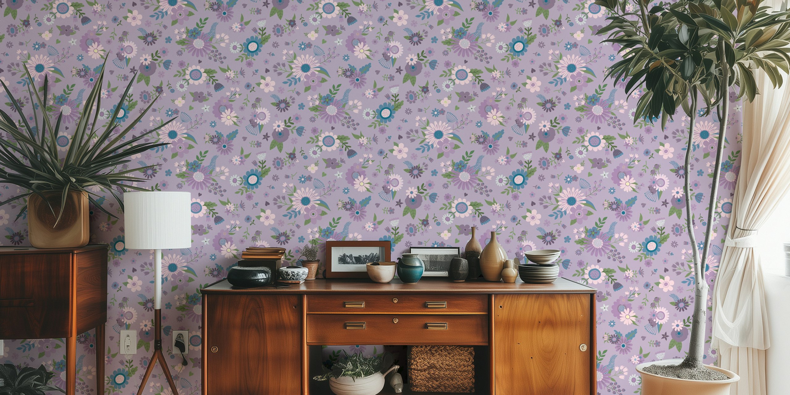 Lavender and blue flowers on mauve background wallpaper