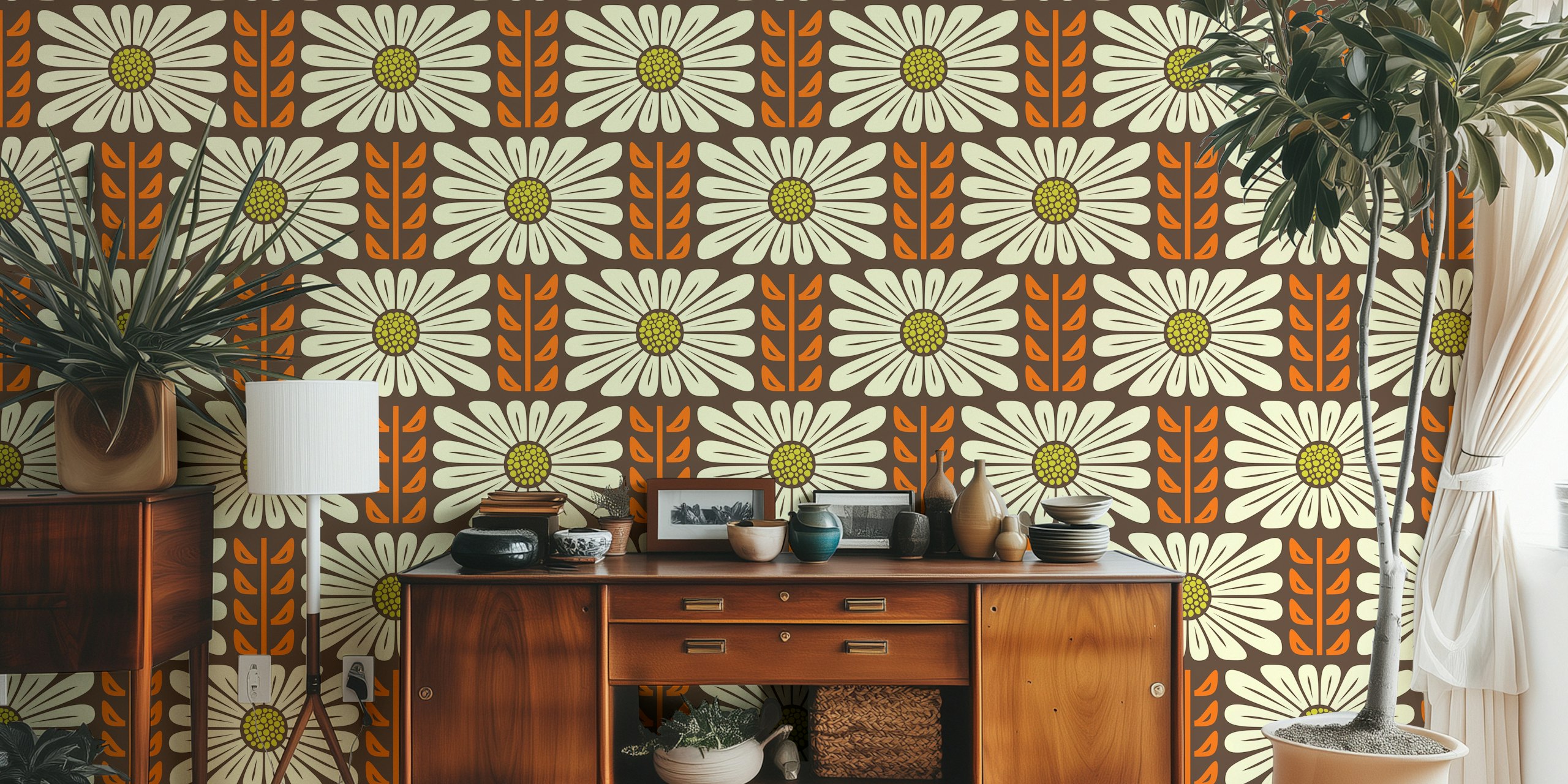 Papel pintado floral retro chic en una habitación