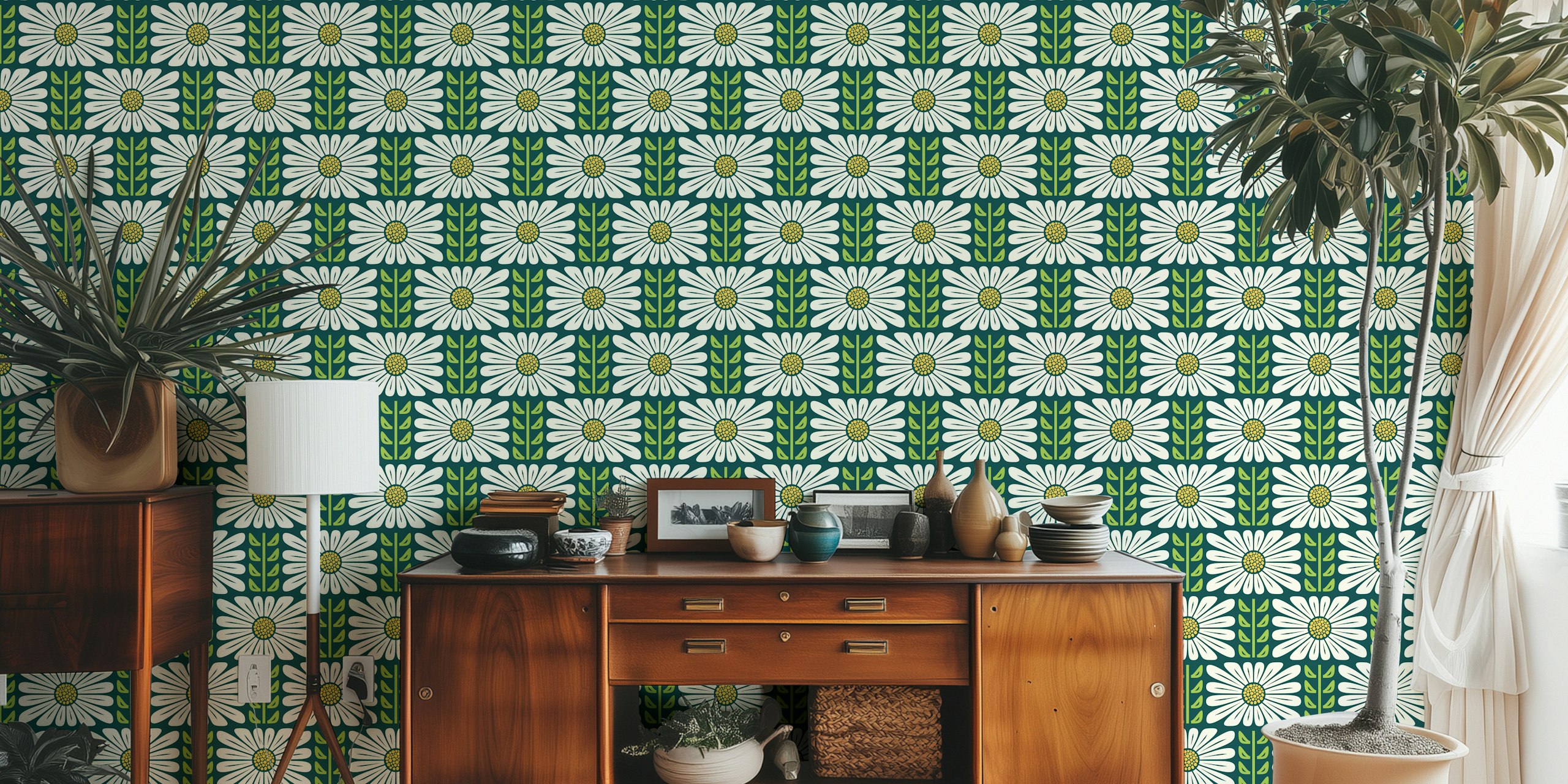 Retro Chic Flowers in Green wallpaper design