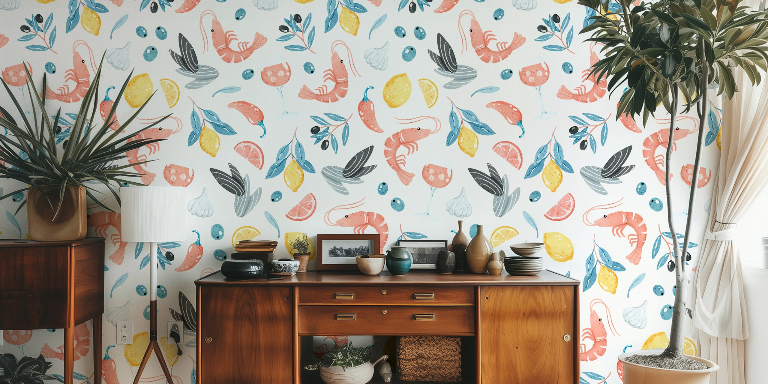 Colorful shrimp, lemons, and olive leaves pattern wallpaper