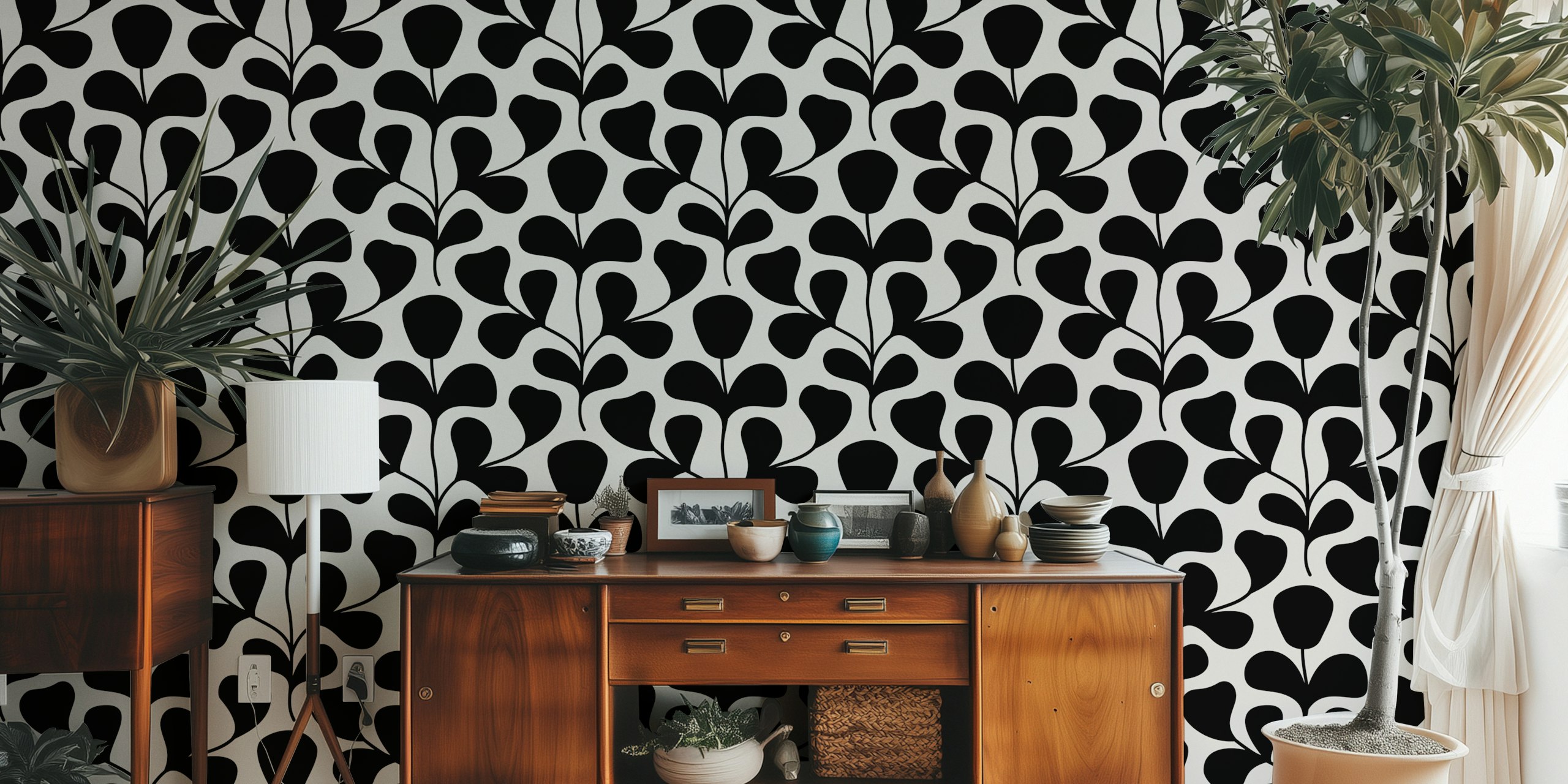 Black and white abstract flowers wallpaper design