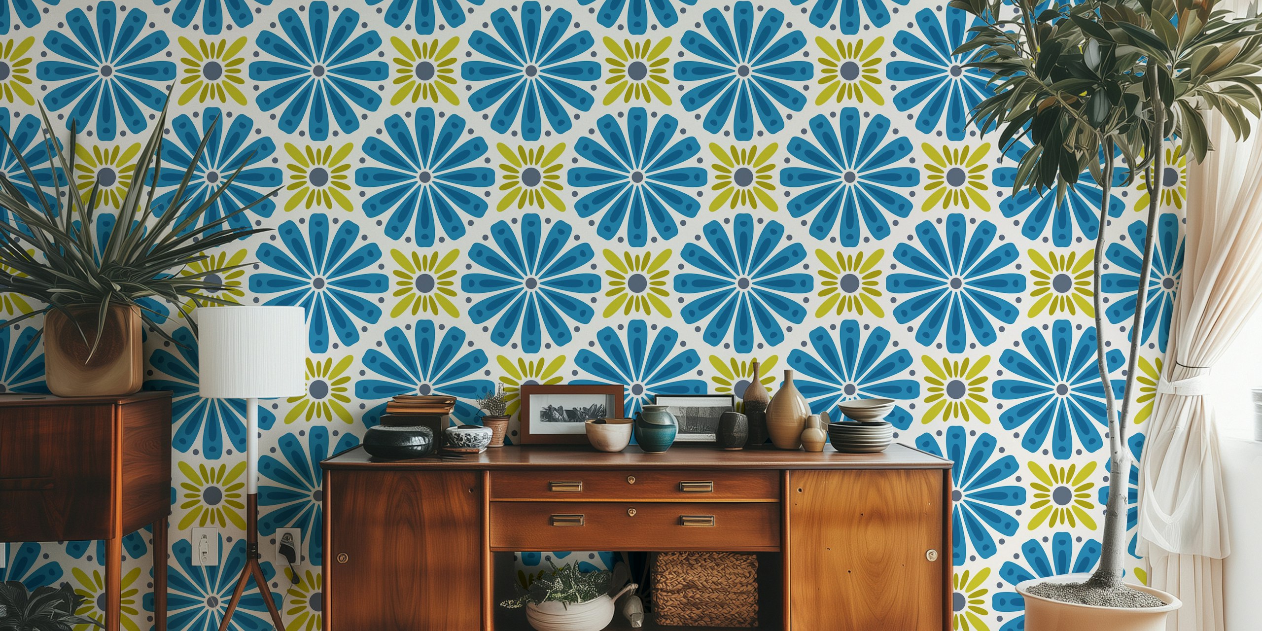Blue and green floral pattern wallpaper featuring large flowers